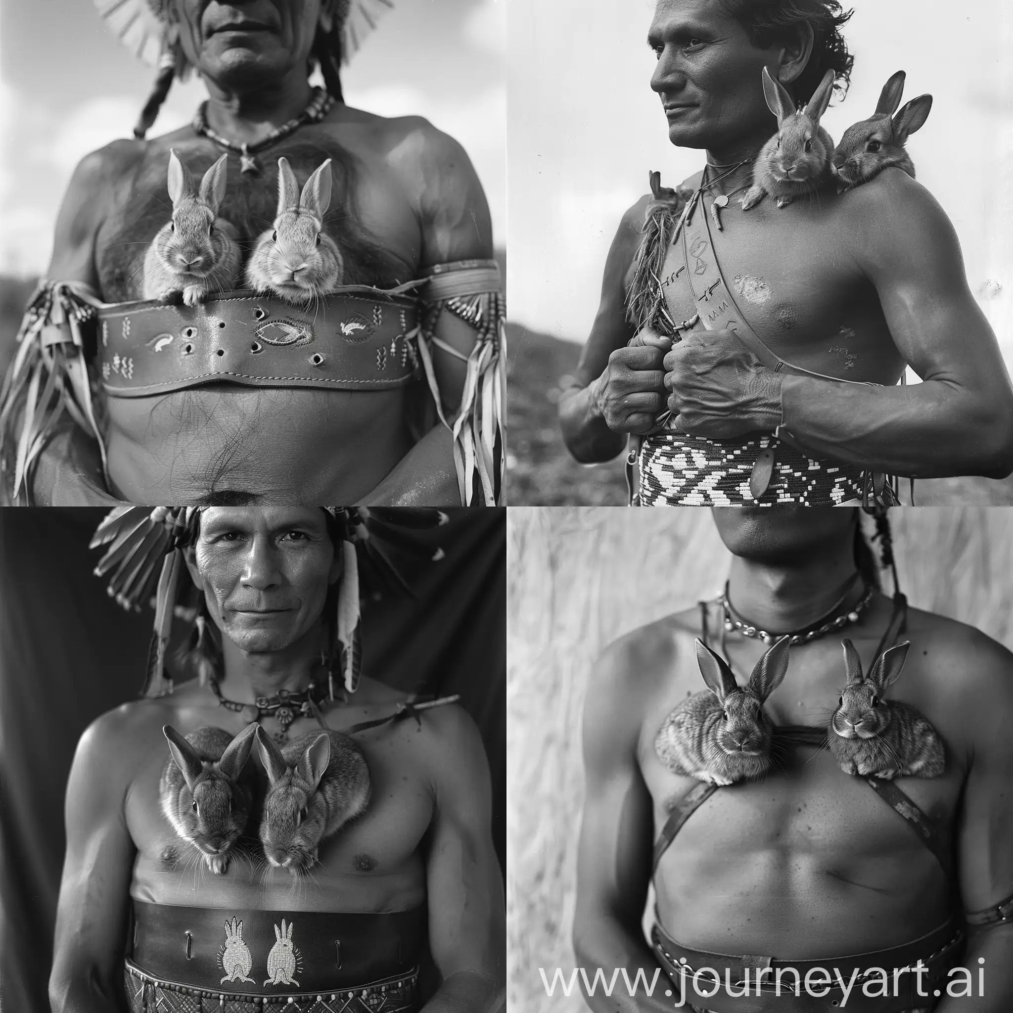 Photo of an indian, wearing two rabbits on chest peeking through under thin leather chest belt 