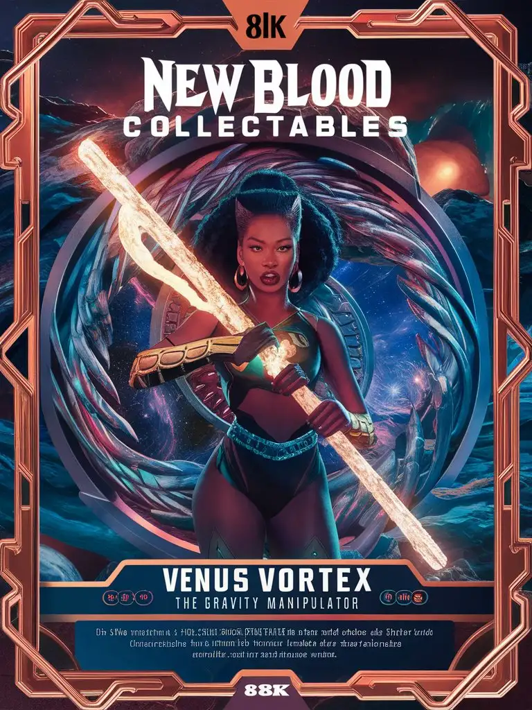  # Input:
Design an 8k card with the bold title: 'New Blood Collectables,' featuring "Venus Vortex, the Gravity Manipulator" Species "Graviton". Include a detailed 8k background and an intricate border with a glossy finish. Stats: Strength: 6/10 Speed: 7/10 Intelligence: 8/1
