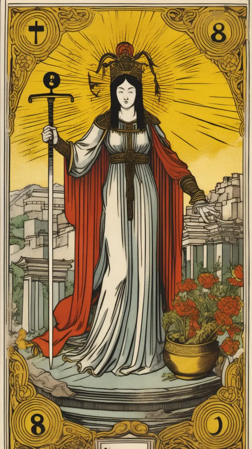 A Tarot card from the Marseille deck, bearing the number 8 in the upper left corner, depicts Justice as a widow clad in mourning attire, seated on a throne, in her right hand, she holds a sword pointed upwards, while her left hand balances a scale with two plates in perfect equilibrium, the scene unfolds at dawn with a backdrop featuring elements of Spring, Summer, and Winter harmoniously intertwined, the scene is adorned with the numerical symbol of Gold, hieroglyphs, and Chinese symbols