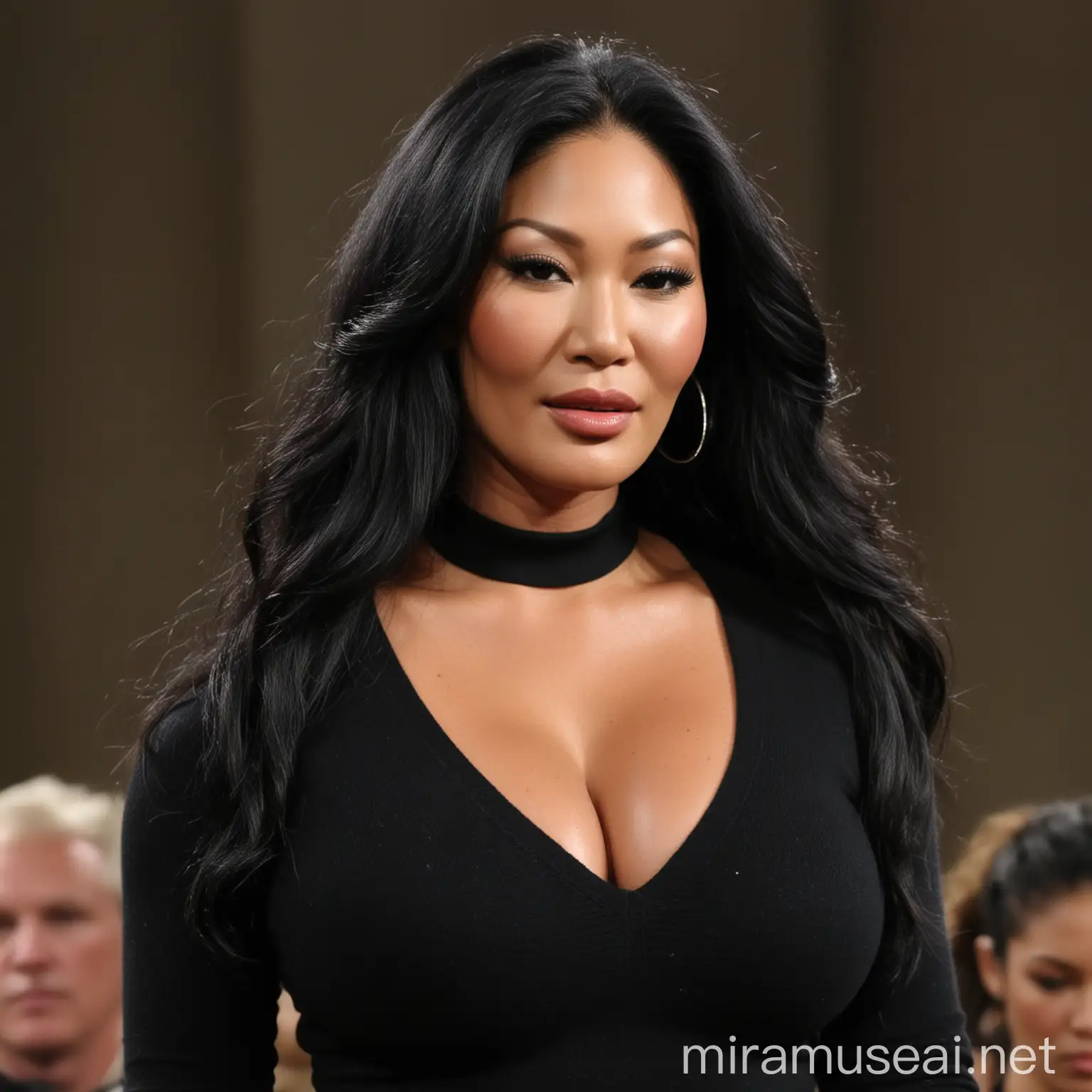 Kimora Lee Simmons wearing a tight black sweater in church, bbw, giant breasts, showing massive cleavage, zoomed in from the waist up