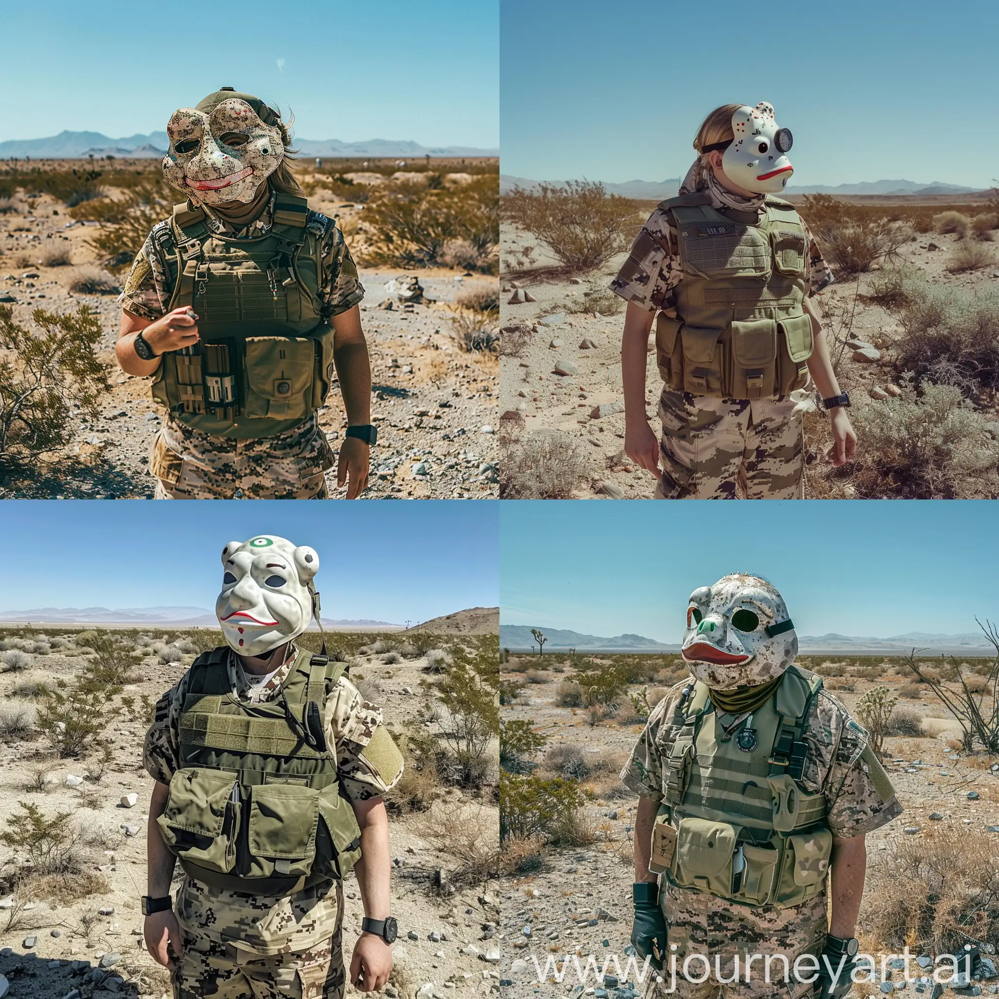 A person wearing a Pepe the Frog mask, olive green tactical vest with pouches, desert camouflage shirt with rolled-up sleeves, black wristwatch on the left wrist, standing in an arid desert landscape, sparse desert vegetation, bushes, dry grass, rocky sandy terrain, scattered small stones, distant mountains, clear blue sky, 80s vintage photo