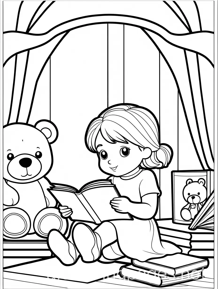 Little girl reading book with a big teddy bear Coloring Page, black and white, line art, white background, Simplicity, Ample White Space. The background of the coloring page is plain white to make it easy for young children to color within the lines. The outlines of all the subjects are easy to distinguish, making it simple for kids to color without too much difficulty, Coloring Page, black and white, line art, white background, Simplicity, Ample White Space. The background of the coloring page is plain white to make it easy for young children to color within the lines. The outlines of all the subjects are easy to distinguish, making it simple for kids to color without too much difficulty