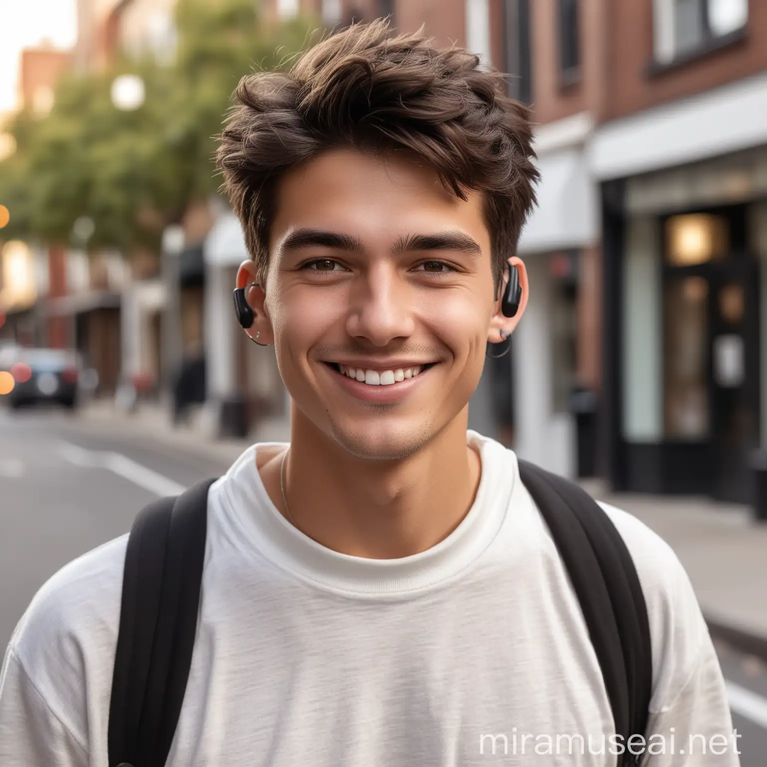 Confident College Student Walking with Bluetooth Airpods