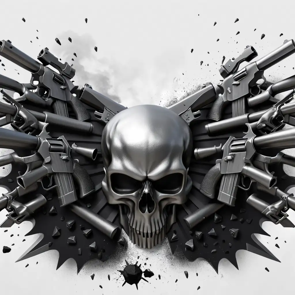 Gaming logo, skull, guns, death. metal guns, silver skulls, gunpowder, dirty, pride, teamwork, heavy metal,  spikes, danger, war zone. style hyperrealistic, 3D, high-resolution