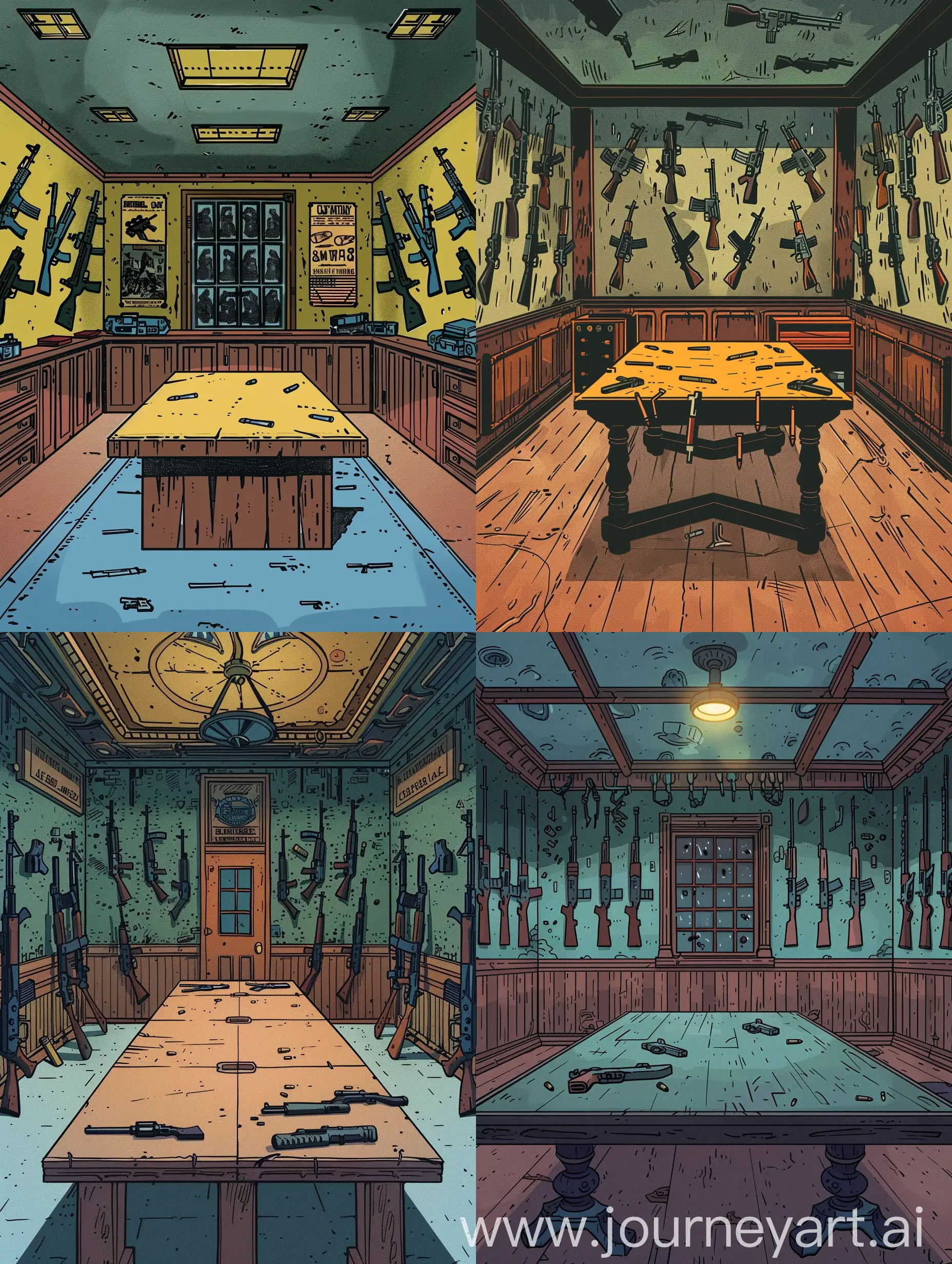 a room with guns on the walls, and a large table in the center, in the style of vintage comics