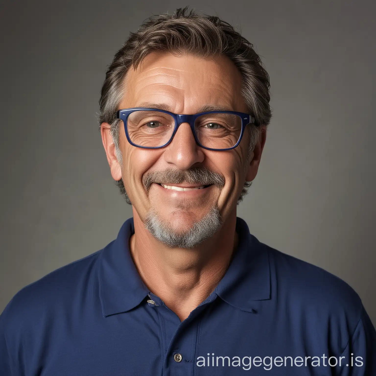 A portrait of an eccentric, happy caucasian male in his early sixties wearing a blue polo shirt and eye glasses.