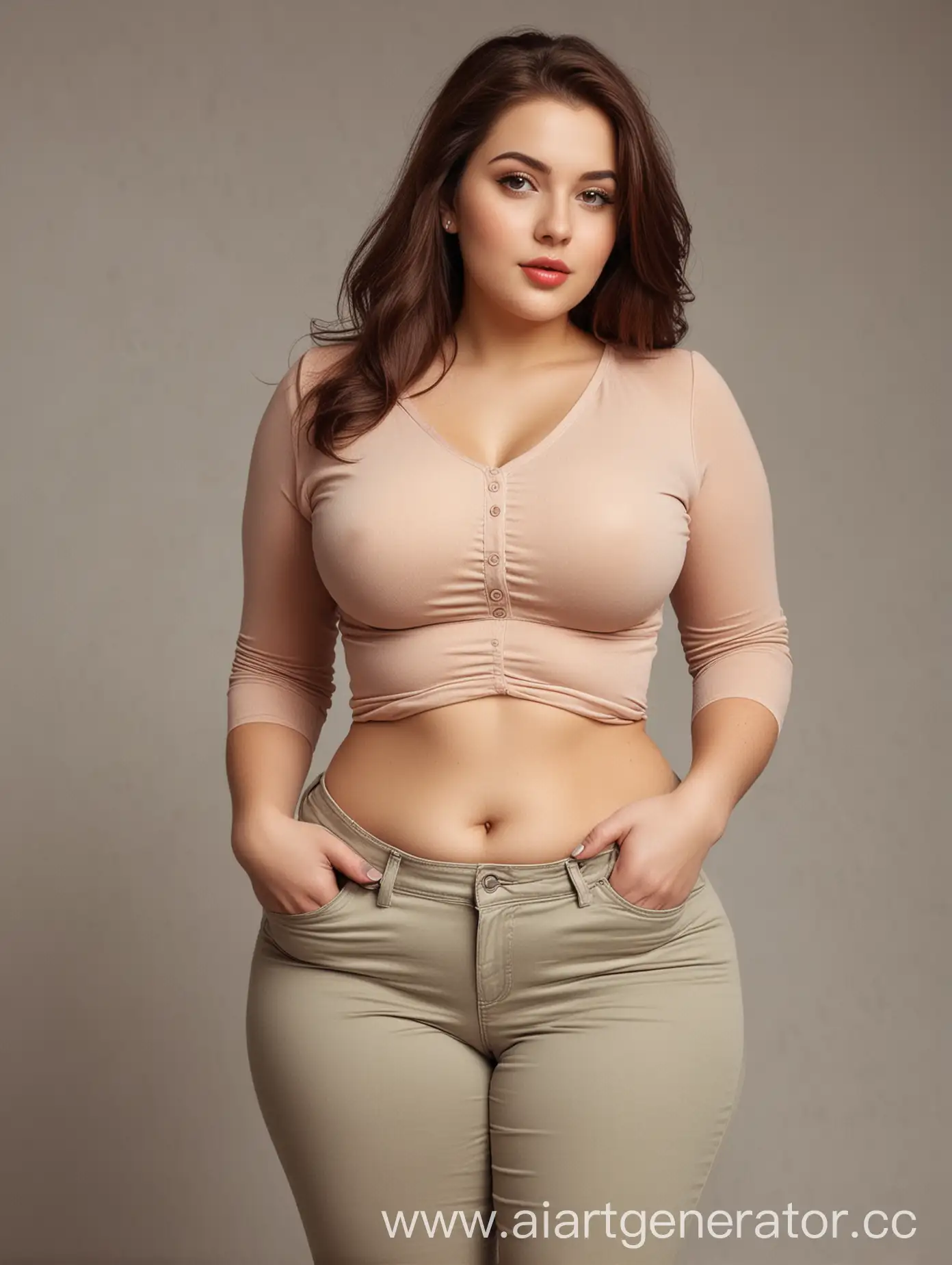 Curvy-Woman-in-FormFitting-Blouse-with-Plump-Stomach-and-Voluptuous-Hips