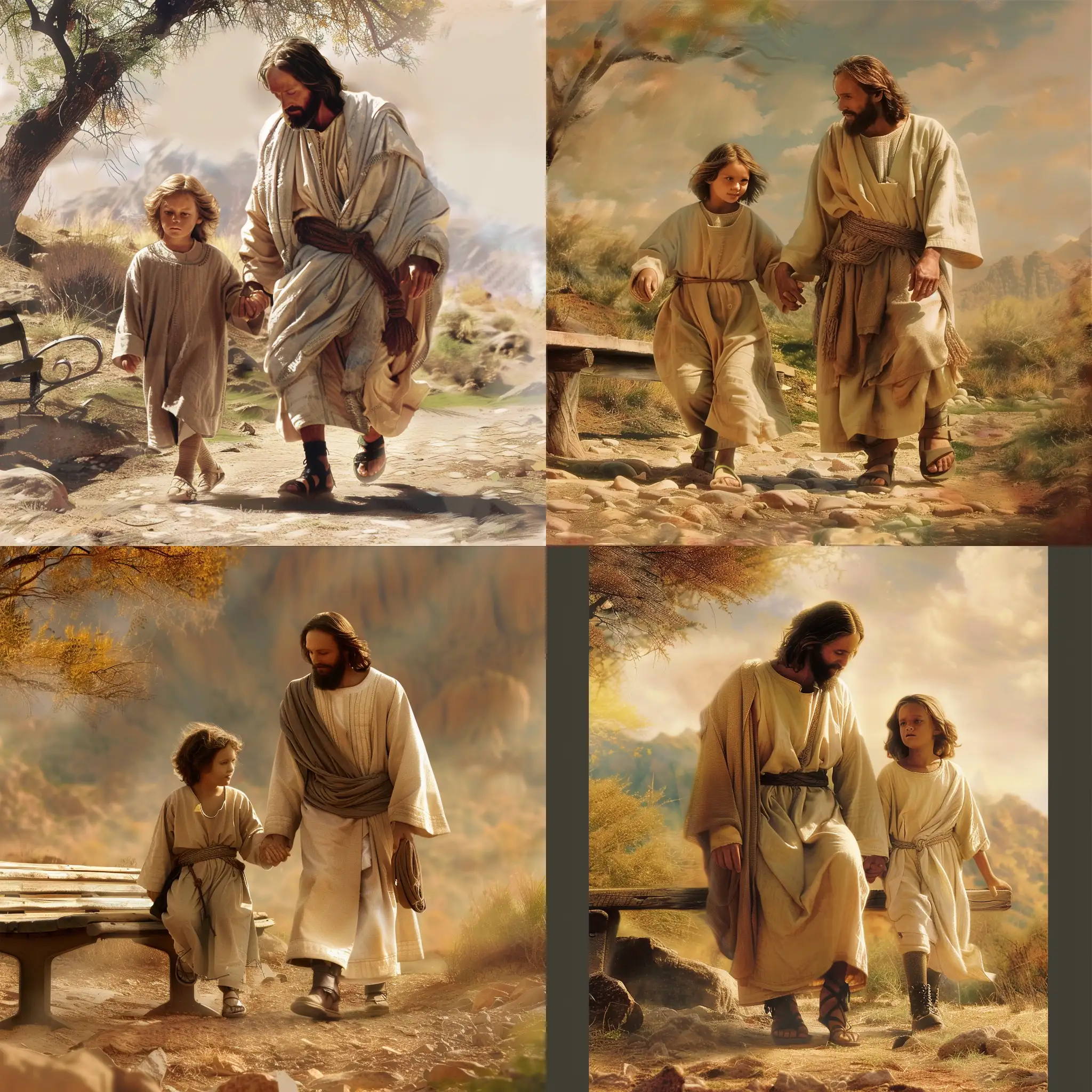 as a child, walks with Jesus  hand in hand as they sit on a park bench talking and learning have the picture in today's time frame

