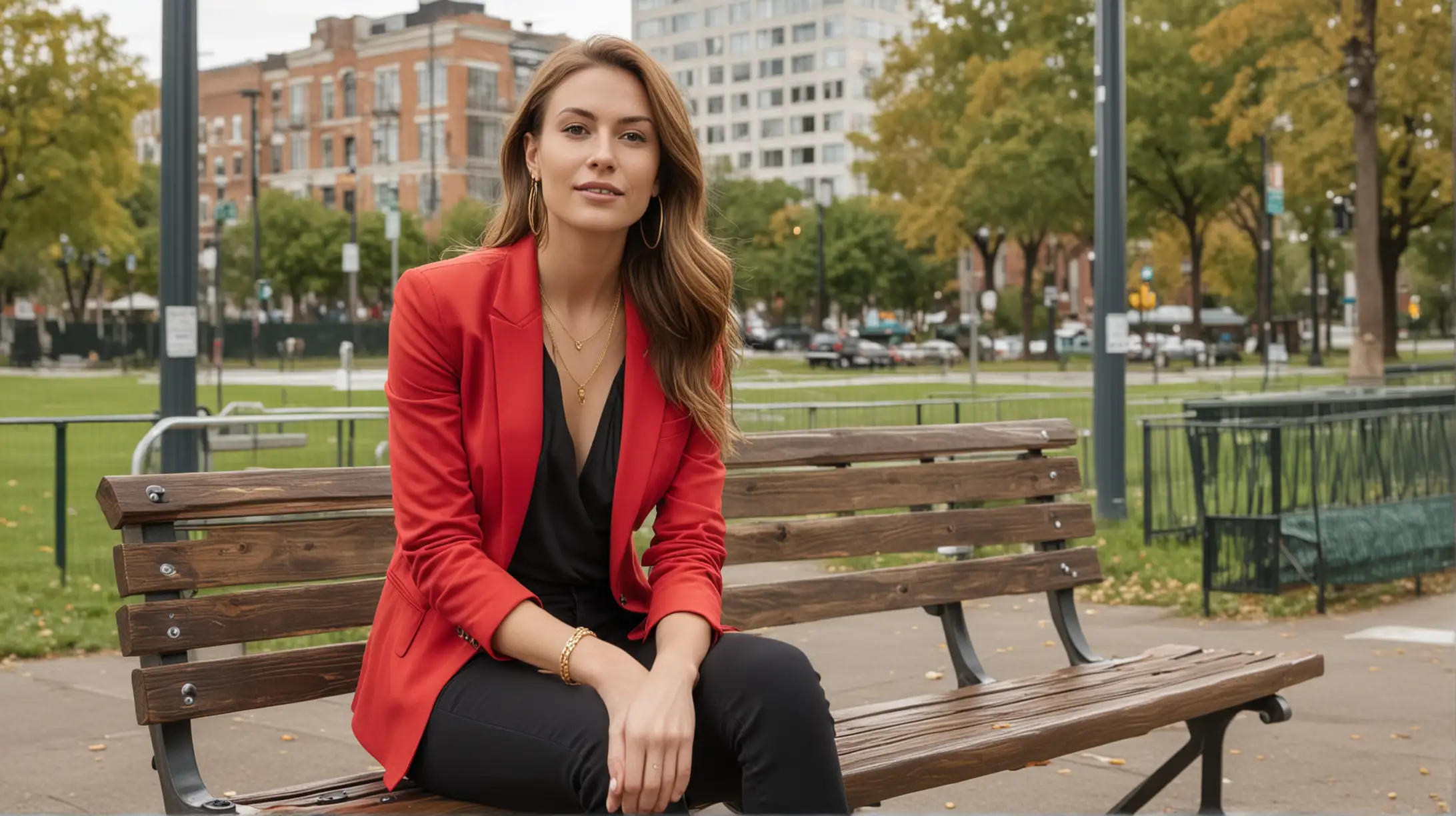 30 year old white woman sitting on a single park bench in an urban city park. She has long brown hair parted to the right. She is wearing a gold necklace, red blazer with low cut black shirt and black pants and black flats.
