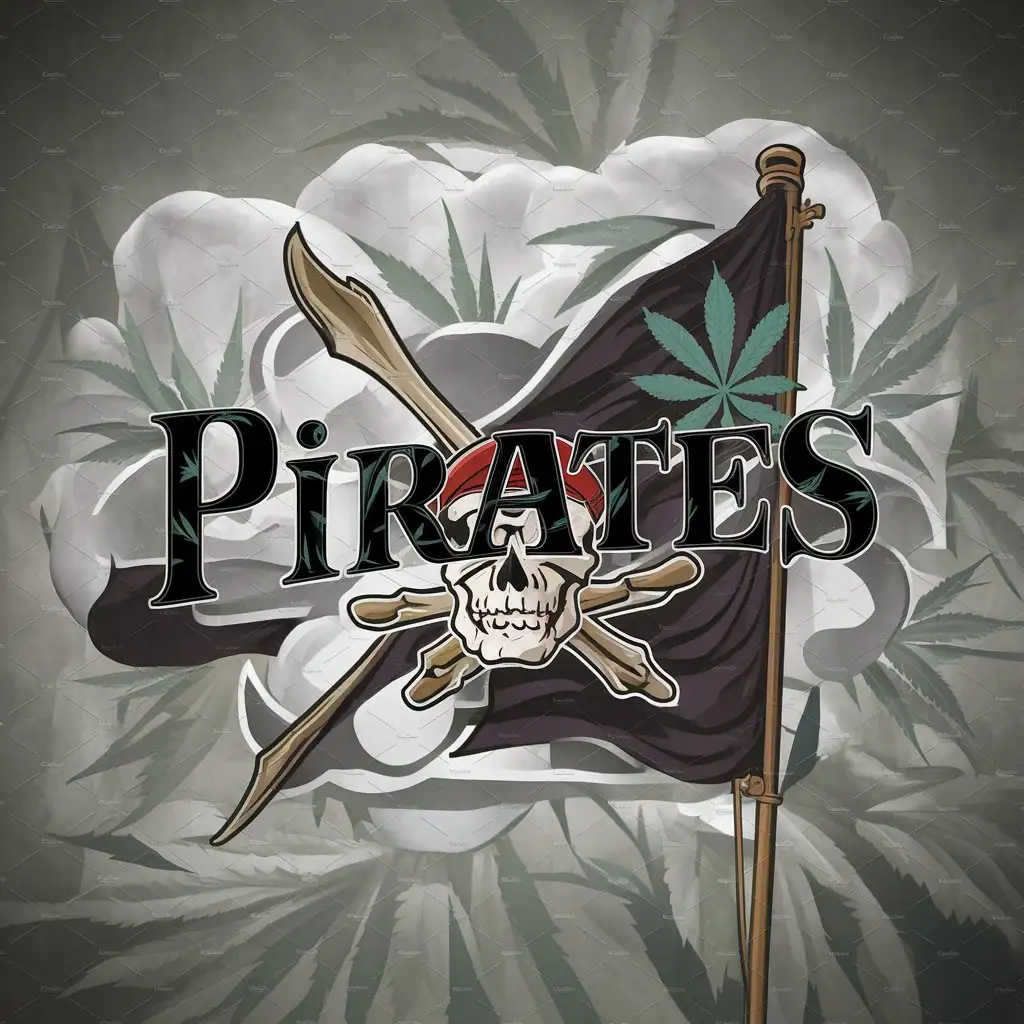 Логотип аватарка для телеграм канала с надписью PIRATES журнальным шрифтом, серое облако с элементами шишек каннабиса, эпично стоящий пиратский флаг вместо черепа лист каннабиса 