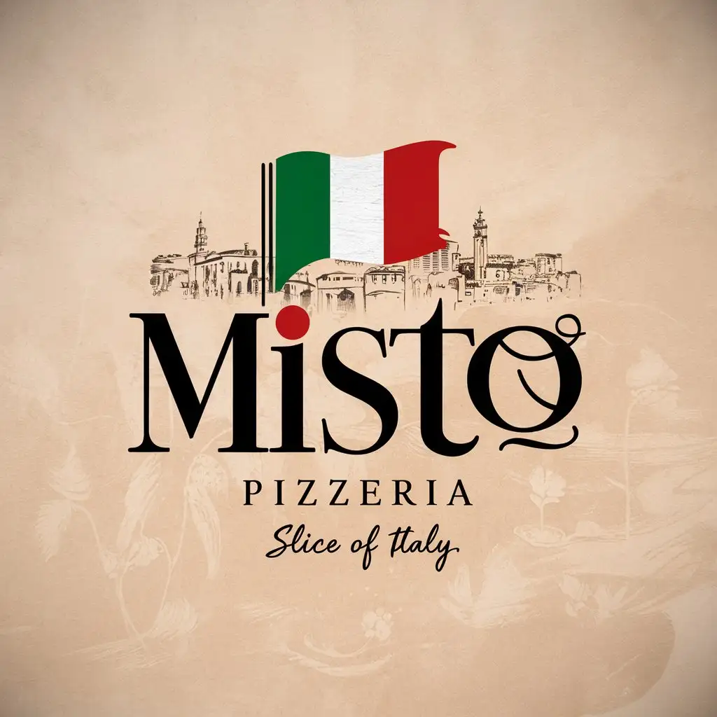 Misto Pizzeria, Logo, Emblem, Letter mark, Typography, Black,  Sketched italian city, Italy flag, slogan, Slice of Italy, 