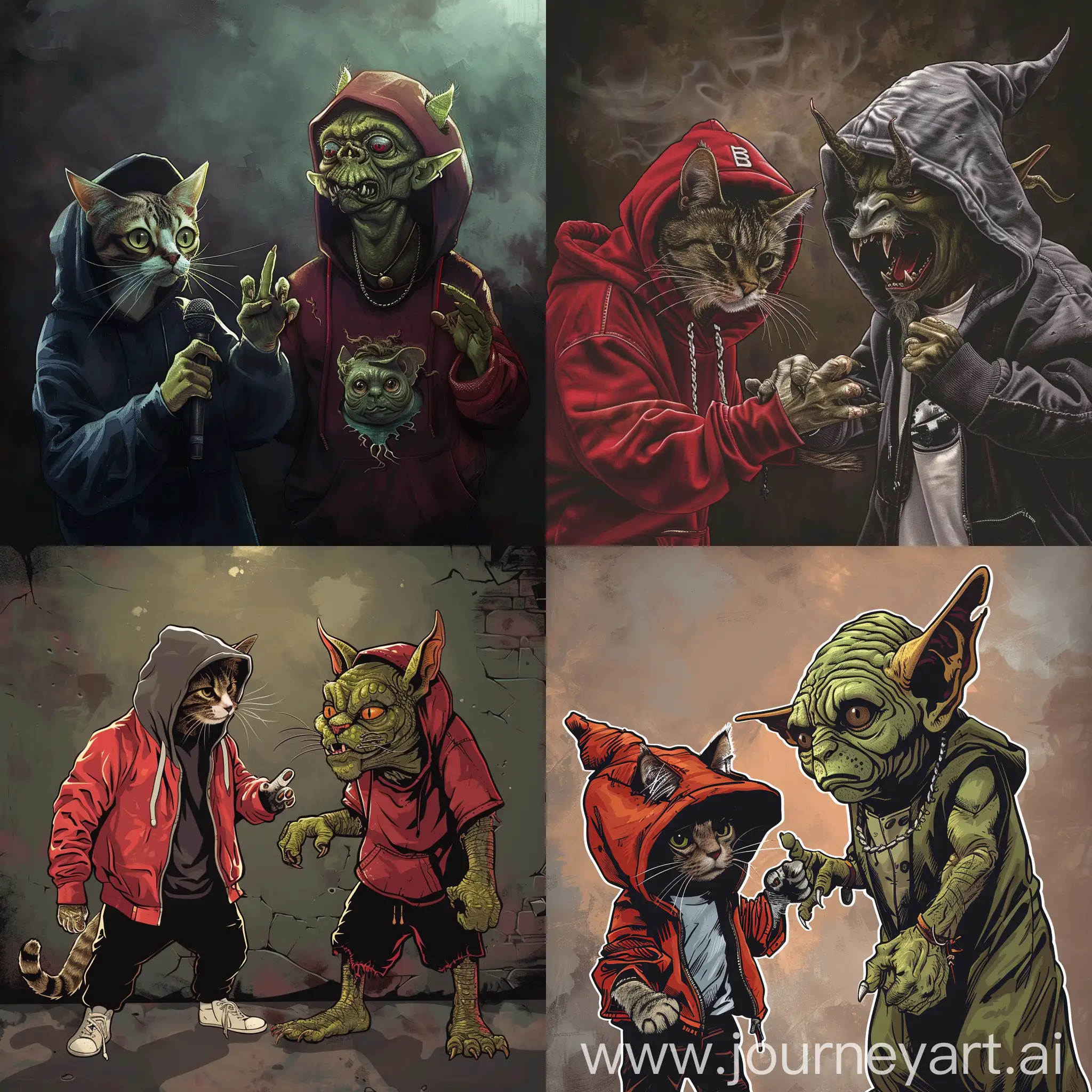 Feline-Rapper-Battles-Goblin-in-a-Vibrant-Showdown