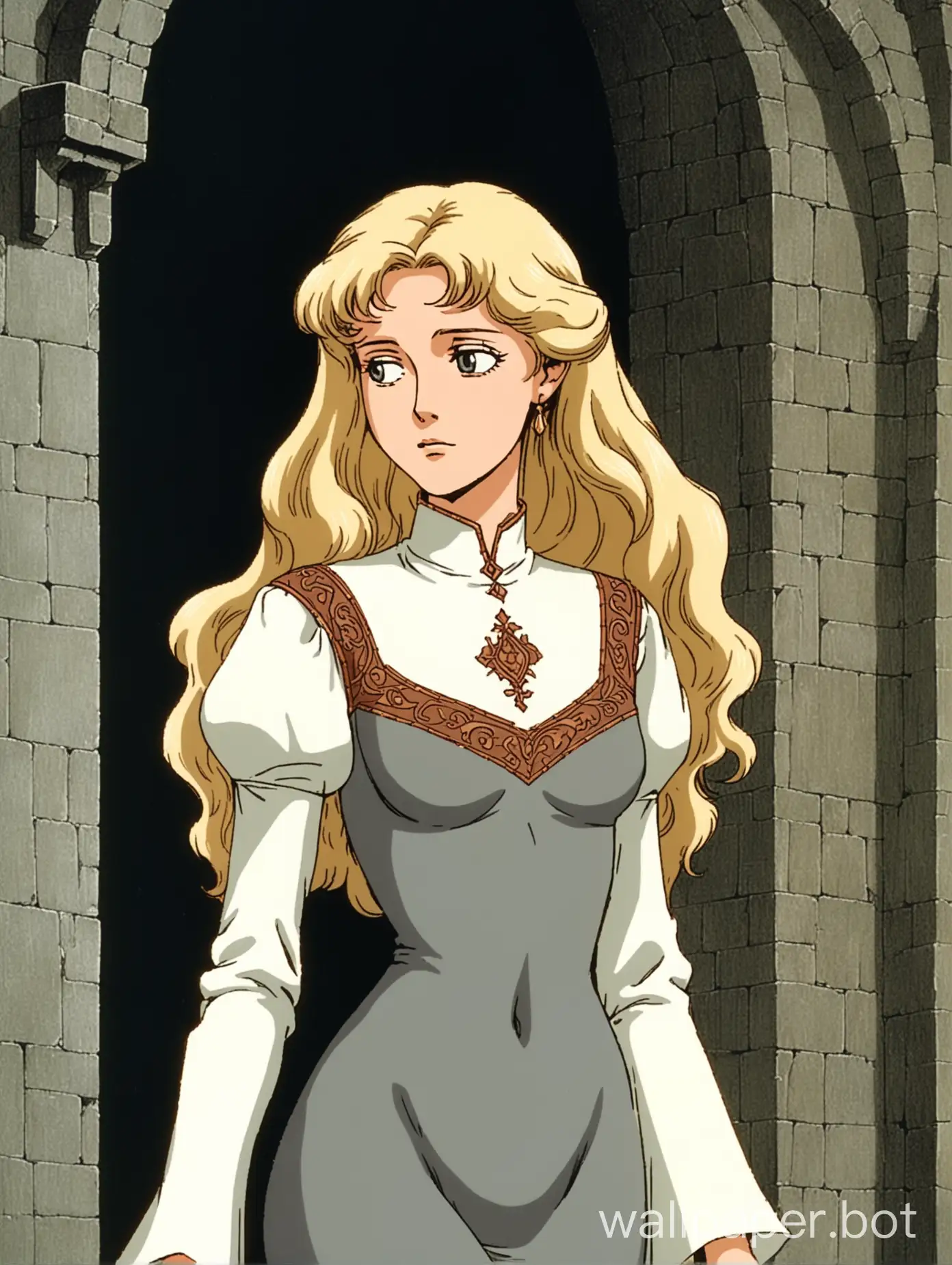young and attractive white woman, she has long wavy white-blonde hair, standing regally, she is shy and timid, elegant and slender, thin sharp face, wearing a thin dark grey skintight dress, decorative stitching, medieval elegance, 1980s retro anime