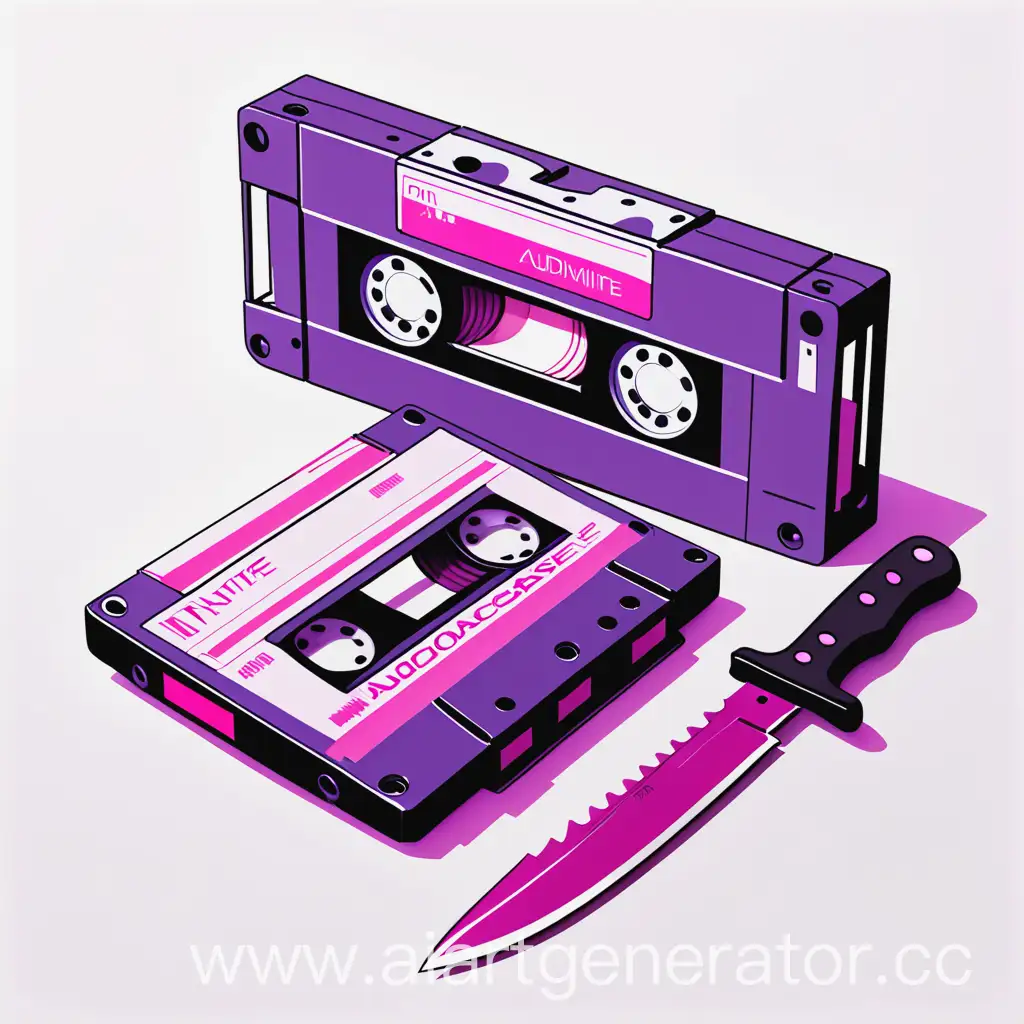 Anime-Style-Purple-Knife-and-Pink-Audiocassette-on-White-Background
