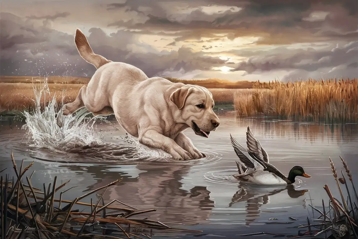 Labrador Retrieving Wounded Duck in Farm Pond Sketch Illustration