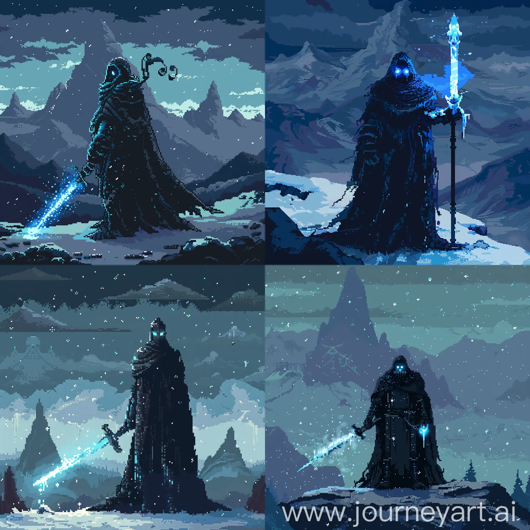 Dark fantasy shadow magician 2d pixel art, icy mountains as background with glowing eyes, a sword that's like a wand with a tiny glow on the handle, 2d pixel art, dark fantasy, tall figure