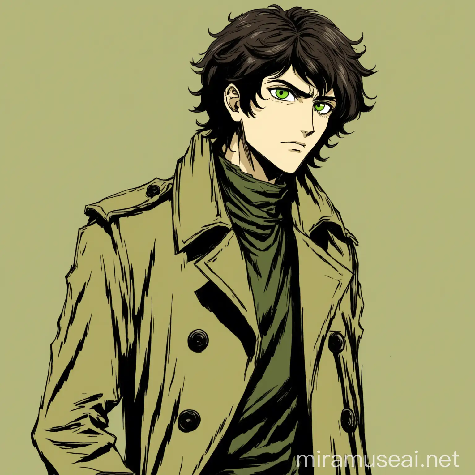 Iranian young guy with androgynous face, long wavy dark brown hair, olive green eyes and trenchcoat, empty background, Berserk manga drawing style, graphic 