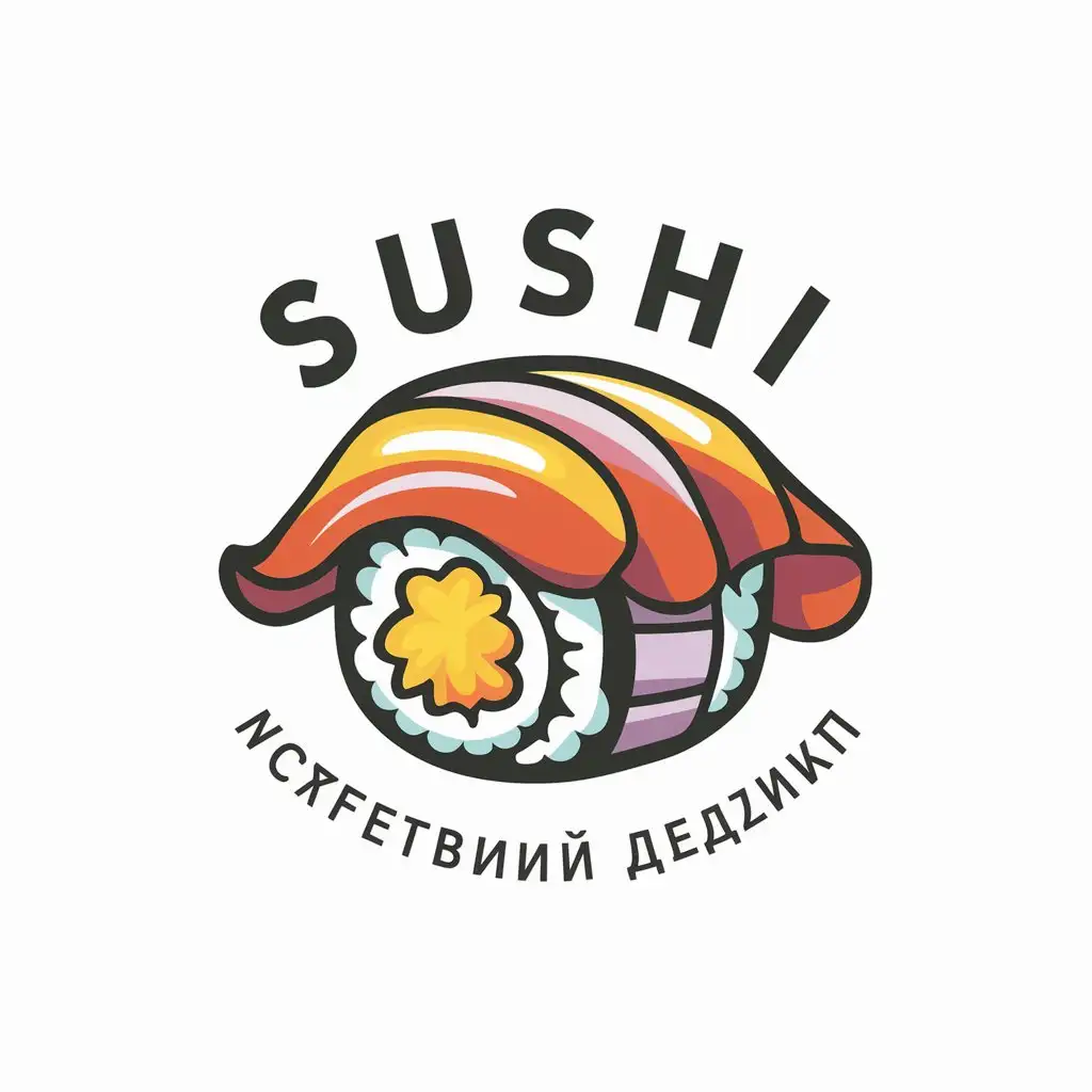 сделай мне логотип для ресторана суши, по центу должен быть по английский надпись SUSHI
и под ним по русский маленький надпись самые вкусные суши и слева суши в мультяшном стиле