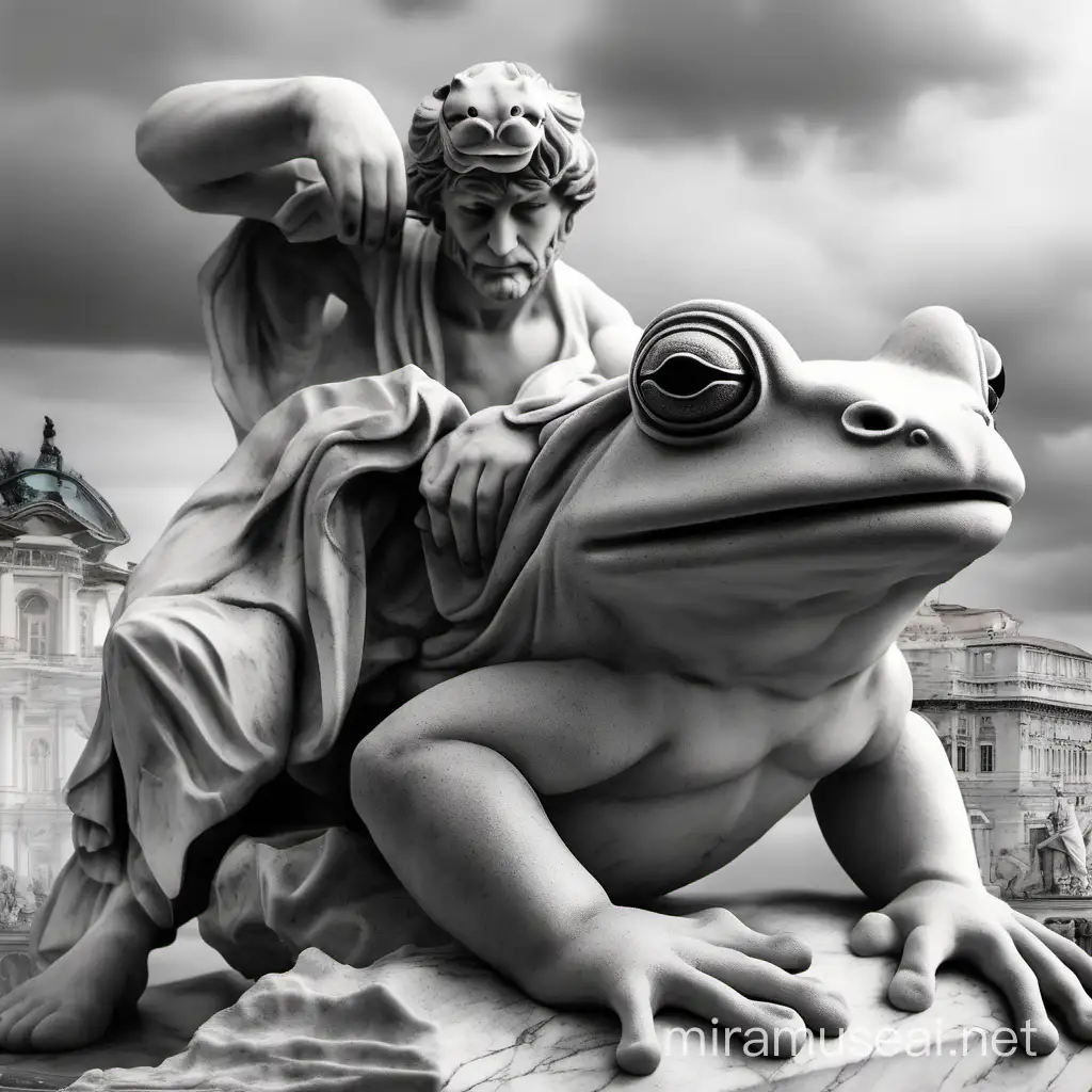Create a white marble statue according to the photo. A man sitting on a frog.