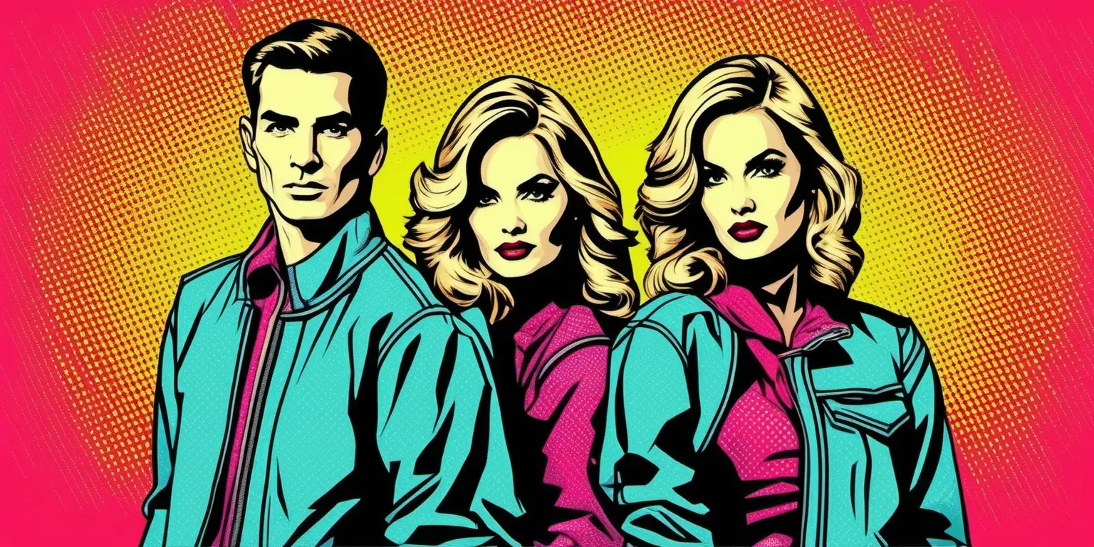 a graphic illustration of two adult twins one male and one female standing shoulder to shoulder, in the style of Pop Art, high color contrast, close-up frontal portrait perspective