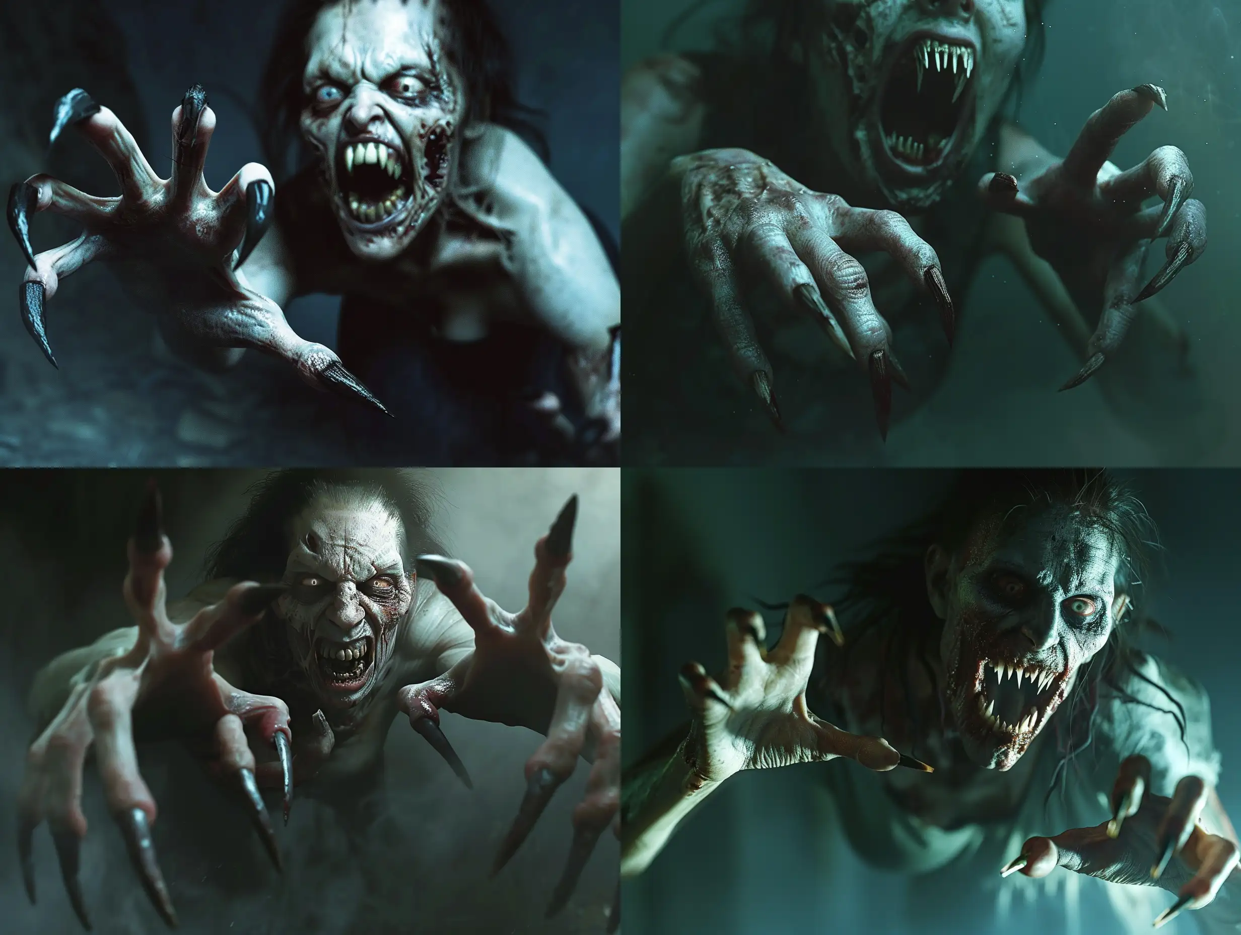 A hauntingly realistic scene of a nightmarish hungry zombie woman with clawed hands, her mouth agape, revealing a frightening display of pointed teeth resembling predatory fangs. She appears to be lurching towards you with long, pointed nails that are almost grotesquely reminiscent of beast claws. The woman's pale, rotting skin seems to glow in the darkness, accentuating her unnatural, zombie-like appearance. The surrounding environment is shrouded in darkness, hyper-realism, cinematic, high detail, photo detailing, high quality, photorealistic, aggressive, dark atmosphere, realistic, the smallest details, detailed nails, horror, atmospheric lighting, full anatomical, photorealism, detailed, textured, dark, haunting, night-time scene, intense, creepy, undead, spooky, eerie, atmospheric lighting, nightmare, grotesque, terrifying, realistic anatomy, human hands, very clear without flaws with five fingers.