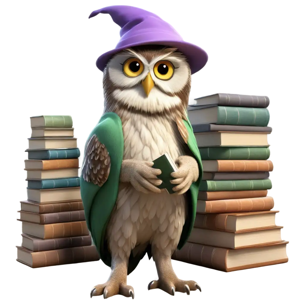 cute 3d realistic old owl use green, white and violet  for owl feathers colors, wearing a hat and ordering books in a big wooden library
 
