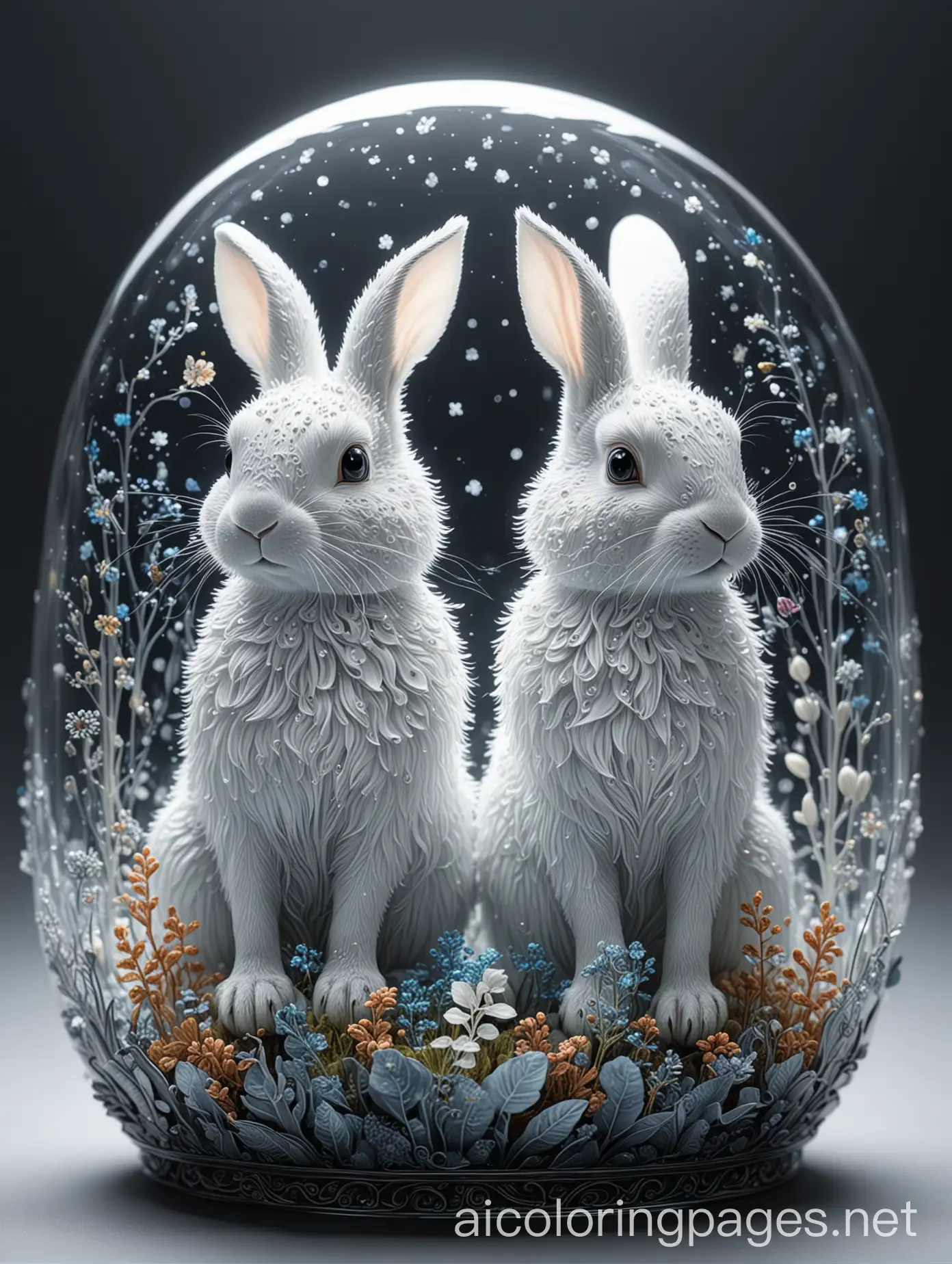  transparent glass rabbits filled with bioluminescent  plants, : luminous, opalescent, Insanely detailed beautiful rabbits  : meticulously detailed filigree  extreme contrast and saturation : starry galactic night sky background : magical fantasy artwork : ultra high quality : dramatic lighting : extreme contrast : rule of thirds : HDR : photorealistic : florescent light, Coloring Page, black and white, line art, white background, Simplicity, Ample White Space. The background of the coloring page is plain white to make it easy for young children to color within the lines. The outlines of all the subjects are easy to distinguish, making it simple for kids to color without too much difficulty