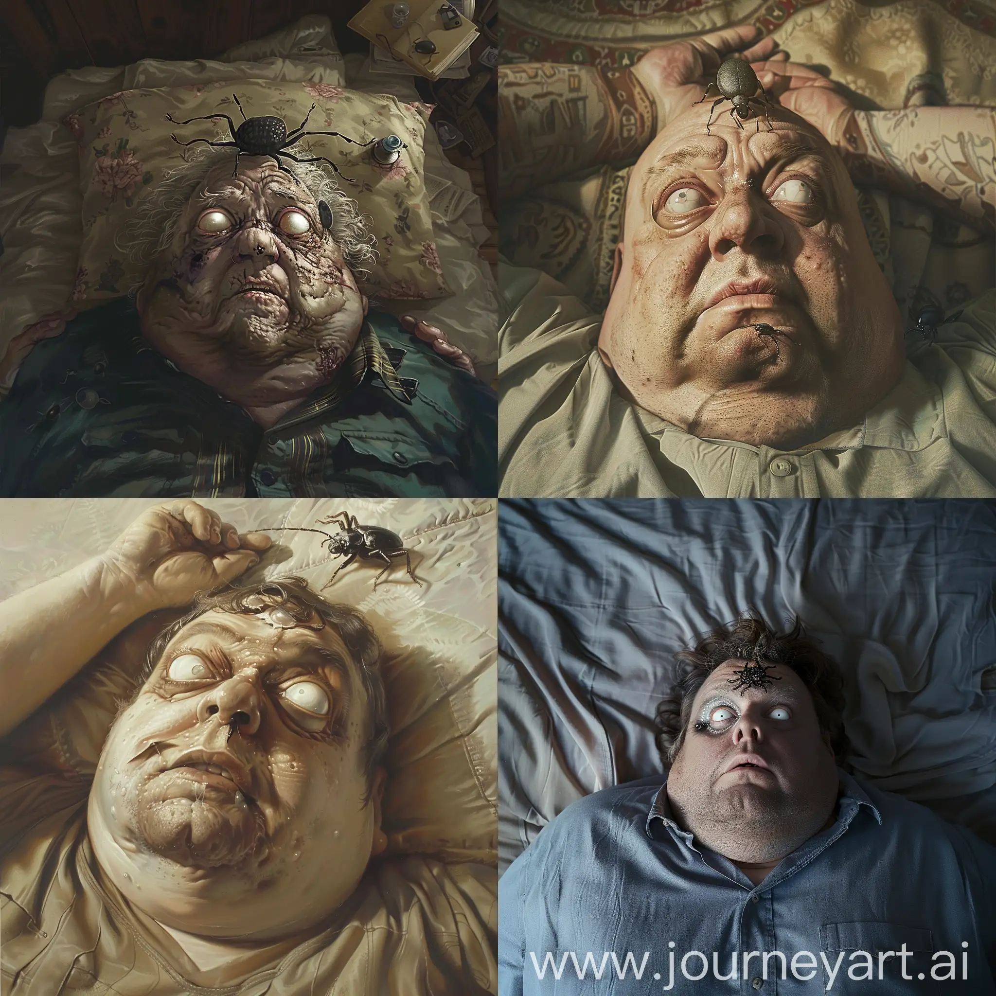 View from above, Unnatractive overweight fat man lying on a bed, overweight man with open eyes with white milky pupils, white milky eyes, overweight face, with a small black bug attached to his forehead, a small Black bug creature on his forehead, lying on a bed