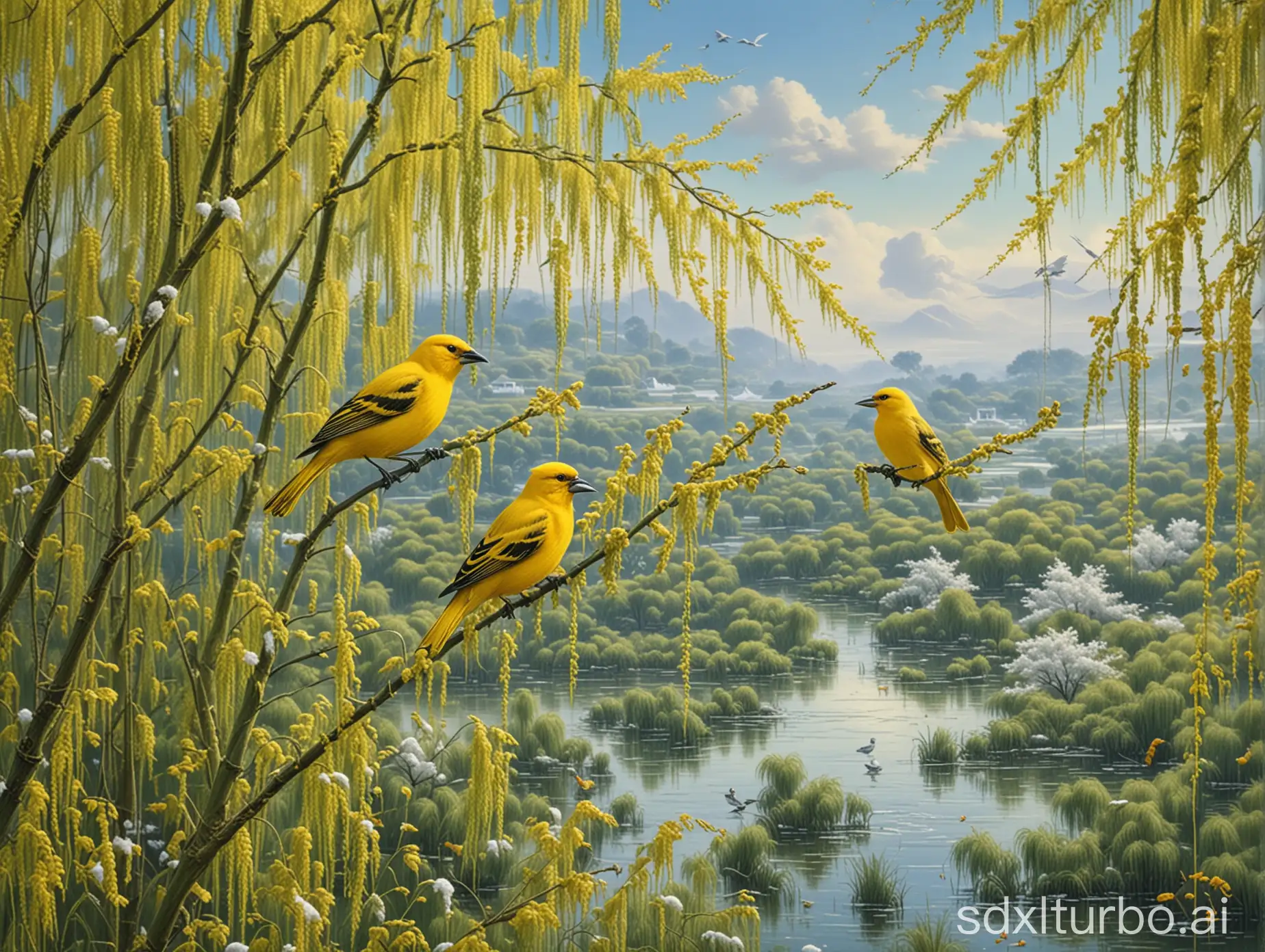 Two yellow orioles singing in the green willow, a line of egrets in the blue sky, the window containing a thousand autumn snows in the West Ridge, the door mooring ten thousand miles of ships in the East Wu.