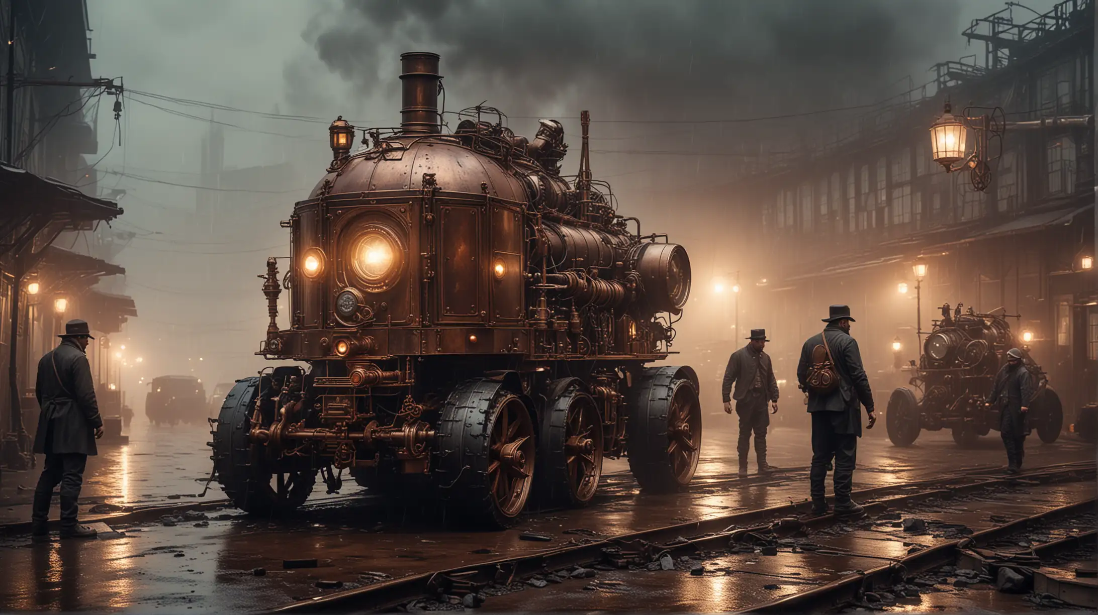 steampunk engineers prepare a steampunk road vehicle on giant tracks to journey in front of a big repair hall, completely dark, stormy weather, hard rain and fog, all vehicle lights are on, steam, smoke, copper, steel