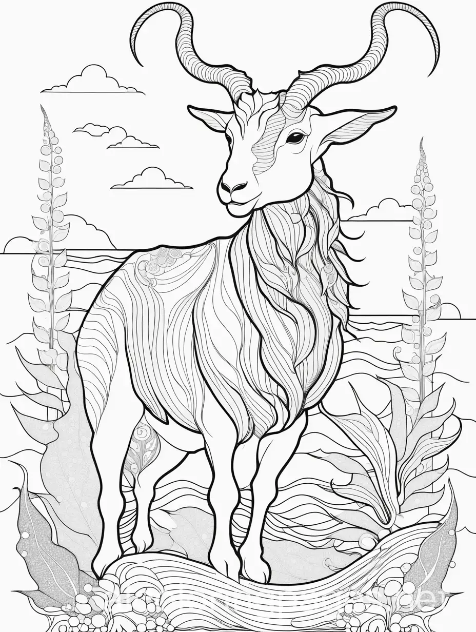sea goat cannabis fantasy, Coloring Page, black and white, line art, white background, Simplicity, Ample White Space. The background of the coloring page is plain white to make it easy for young children to color within the lines. The outlines of all the subjects are easy to distinguish, making it simple for kids to color without too much difficulty