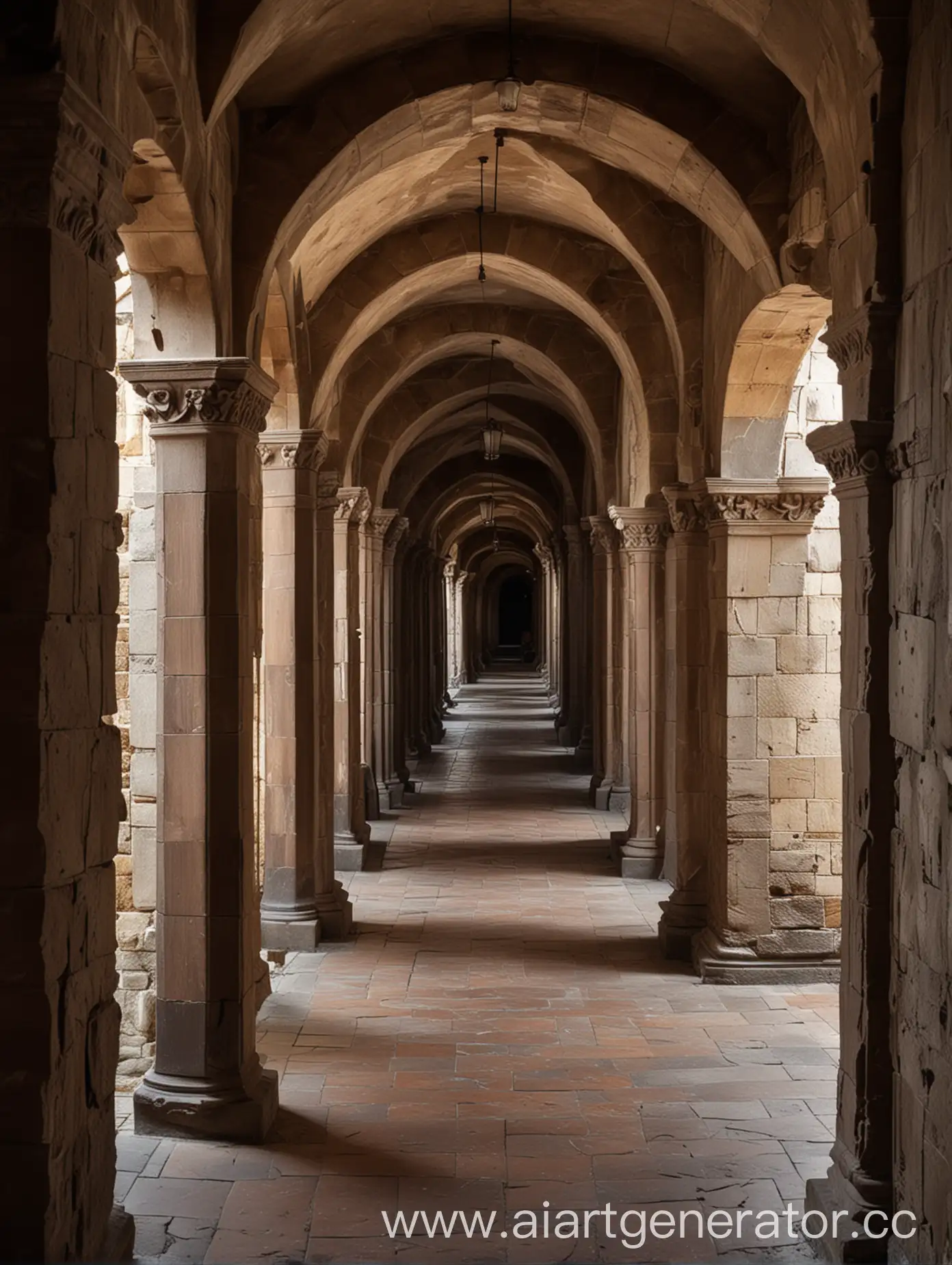 коридор в замке с колоннами в древнем стиле, стены из темного дерева