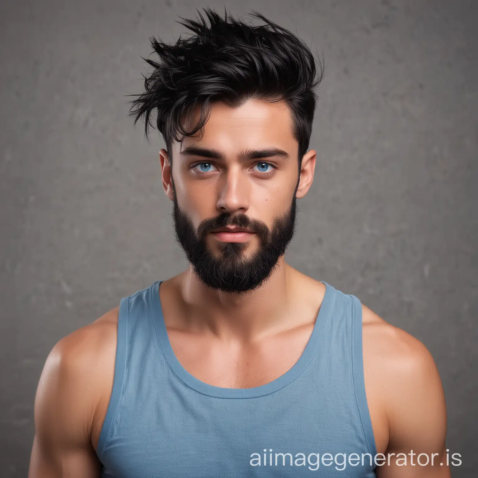 a young handsome Dutchman with beard and black hair in a long high hair in a quiff. Clear blue eyes In a tanktop and a bit longer beard and chest hair peaking out of his tanktop Verry muscular