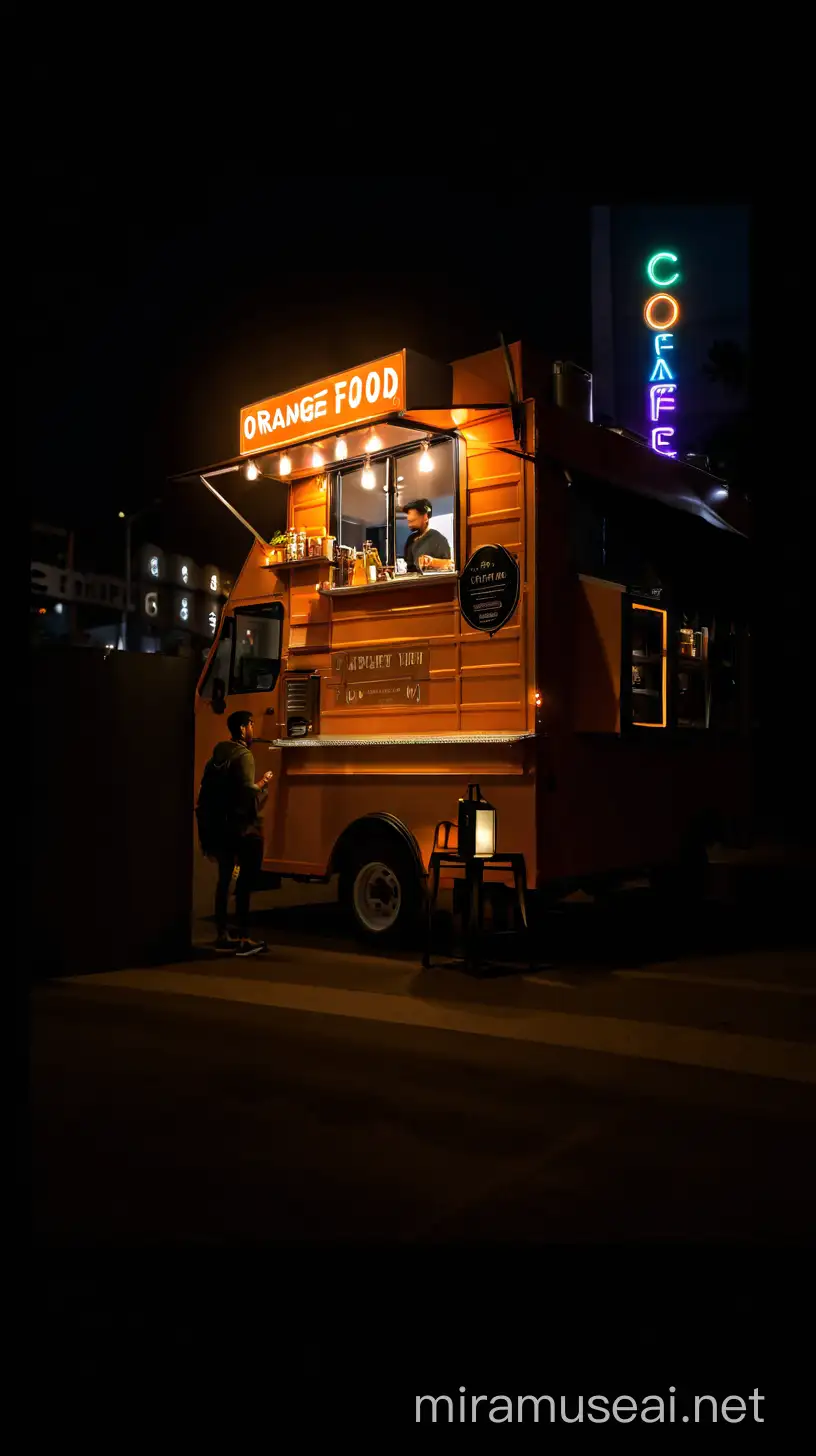 Orange food truck cafe at night alone on the road with 10 customers chatting in front of the cafe
