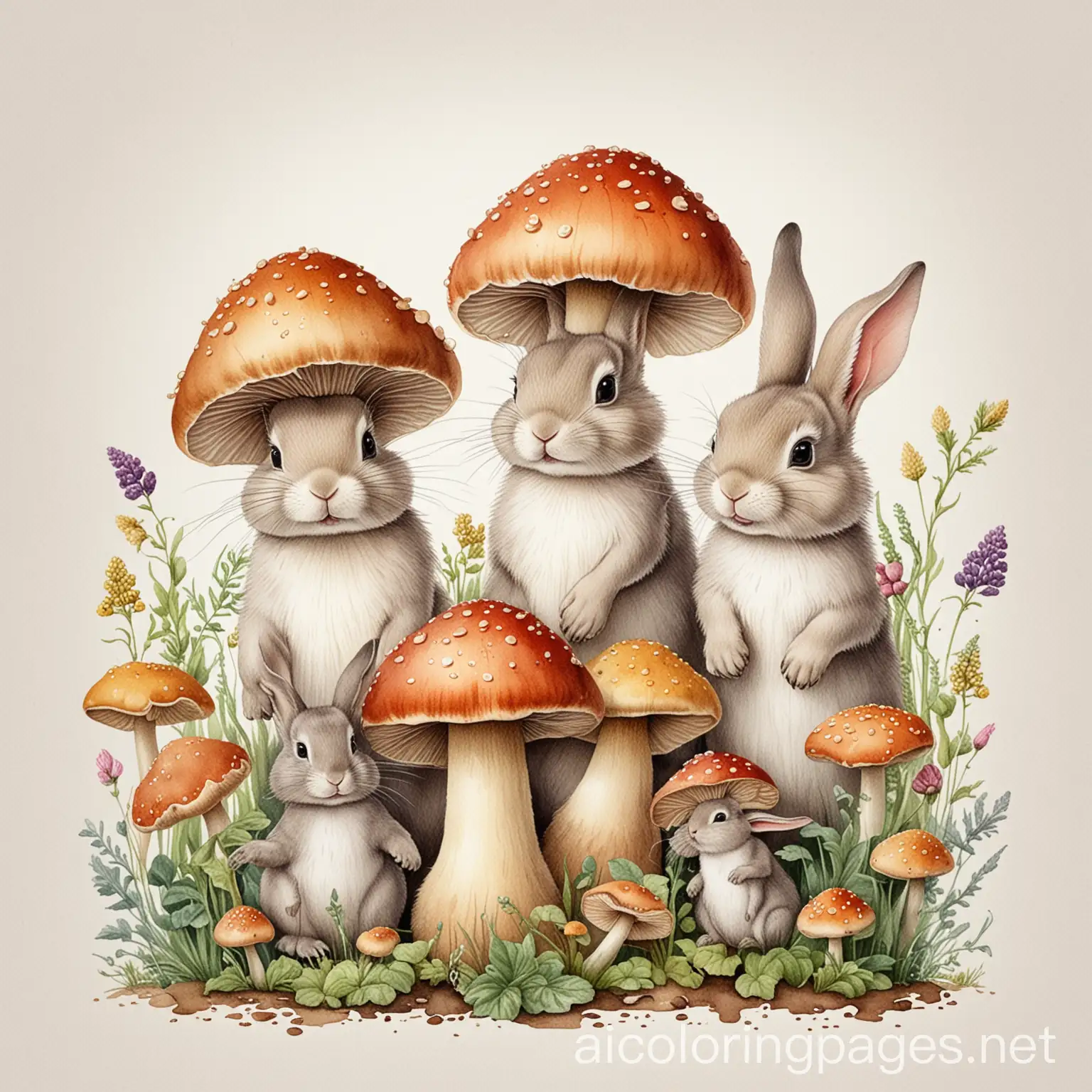 Vintage mushrooms and small and cute three bunny rabbits watercolor illustrations, Coloring Page, black and white, line art, white background, Simplicity, Ample White Space. The background of the coloring page is plain white to make it easy for young children to color within the lines. The outlines of all the subjects are easy to distinguish, making it simple for kids to color without too much difficulty