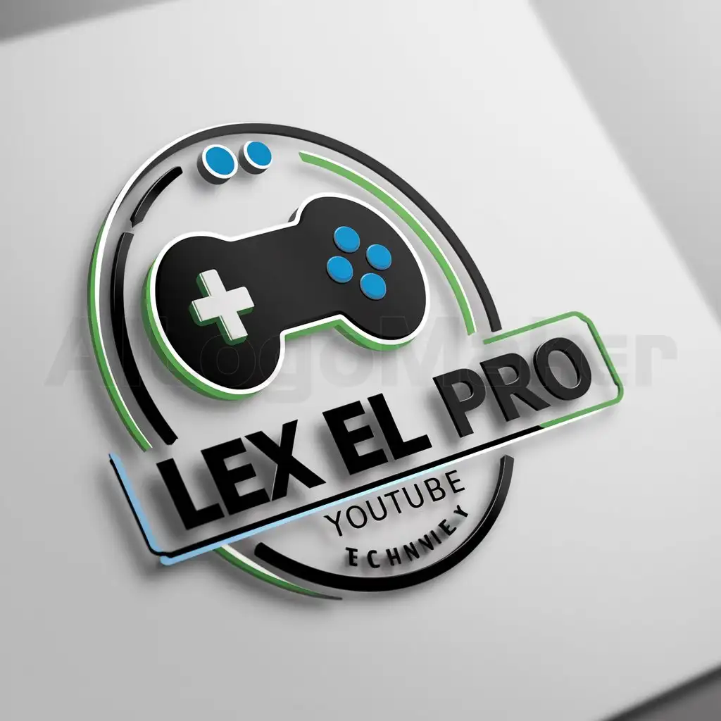 a logo design,with the text "Lex el pro", main symbol:game controller colored with blue and green with the legend lex the pro circular for youtube channel,complex,be used in Technology industry,clear background