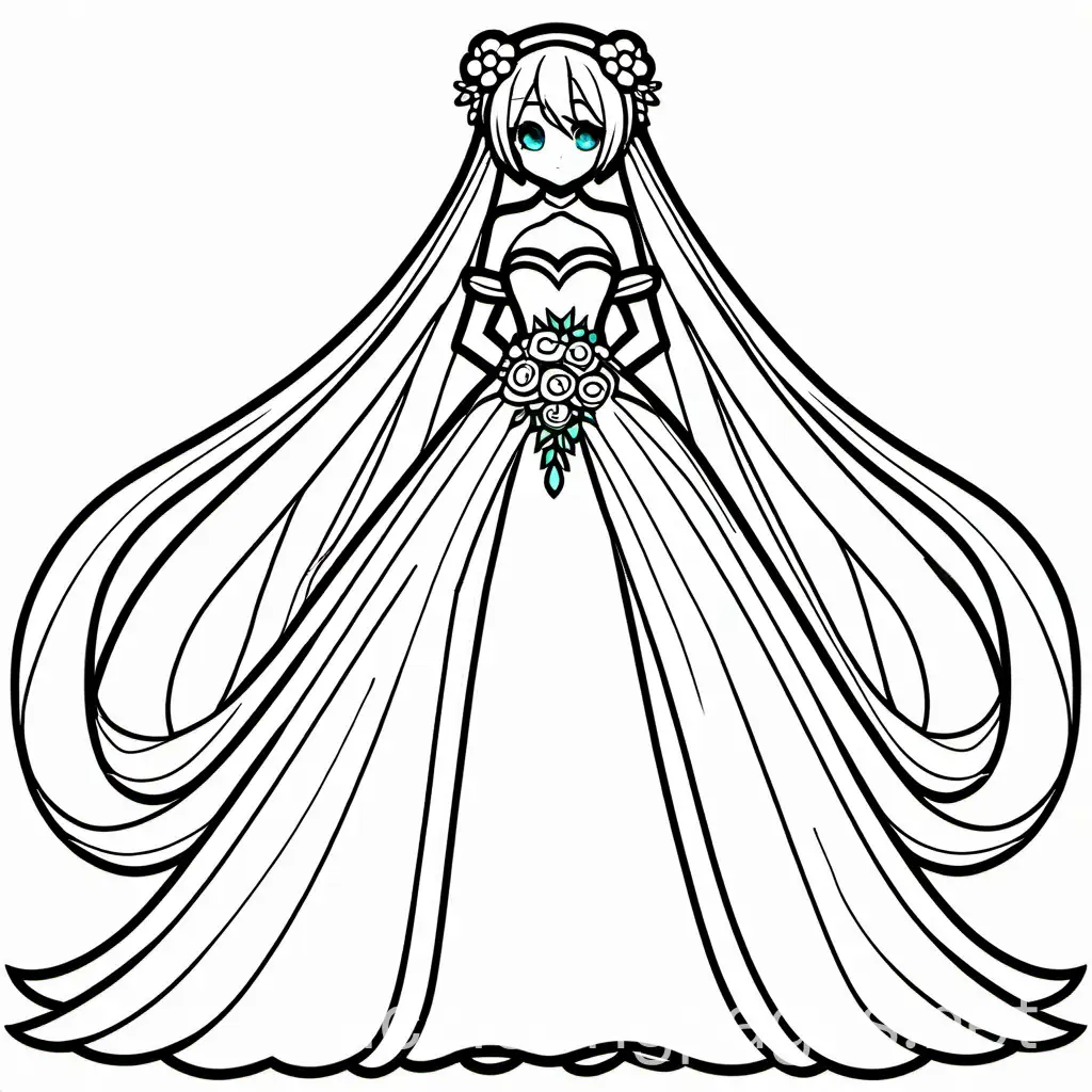 Hatsune-Miku-Wedding-Dress-Coloring-Page-Simple-Line-Art-on-White-Background