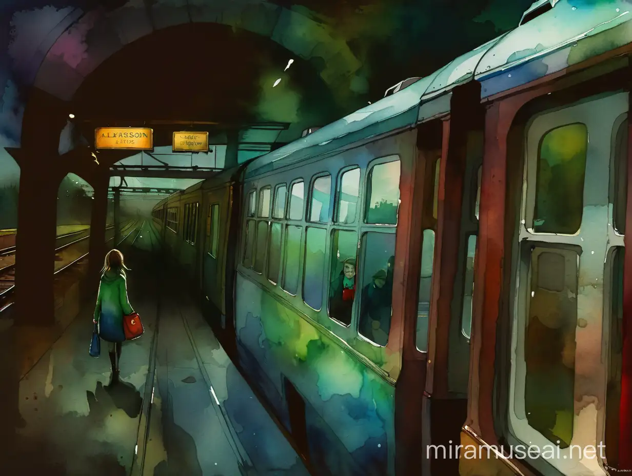 Girl Bidding Farewell to Train Whimsical Watercolor Art by Alexander Jansson