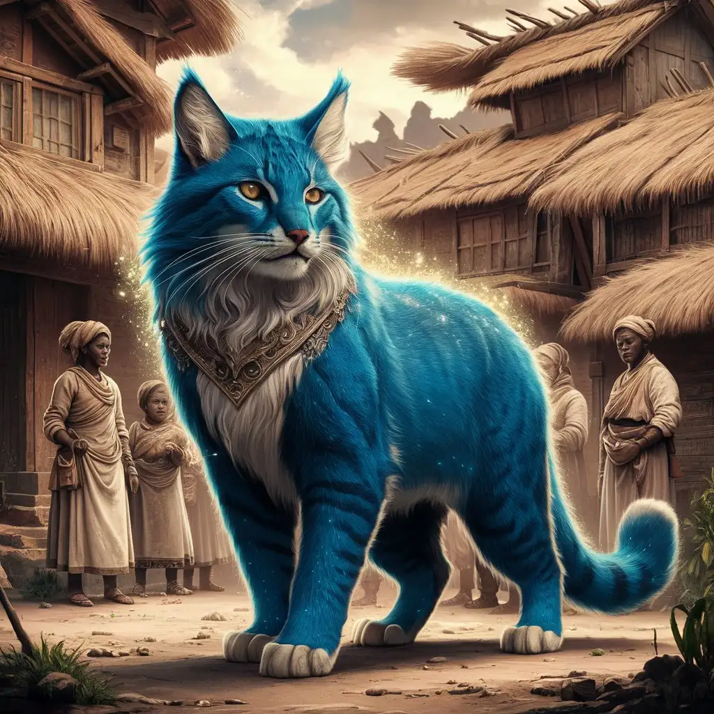Majestic-Blue-Feline-Amidst-a-Serene-Folk-Setting