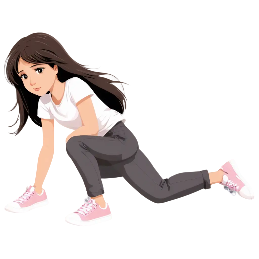 Create a cute clip art drawing of a beautiful little girl with fair skin, big brown eyes, and long black hair. She is around 13 years old and is depicted laying on the ground in pain. She is wearing pink pants, a white t-shirt, and white sneakers. The girl looks very sad and upset, with tears in her eyes, because she has an injury on her leg that prevents her from walking.