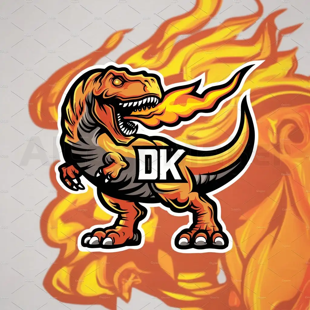 a logo design,with the text "Fierce fire dinozaur with inscription DK", main symbol: Terrifying fire dinosaur with the inscription DK

Note: The input contains some made-up words that don't have a direct translation in English, so I repeated them as they are, while translating the rest of the sentence to maintain the intended meaning.,Moderate,be used in Animals Pets industry,clear background