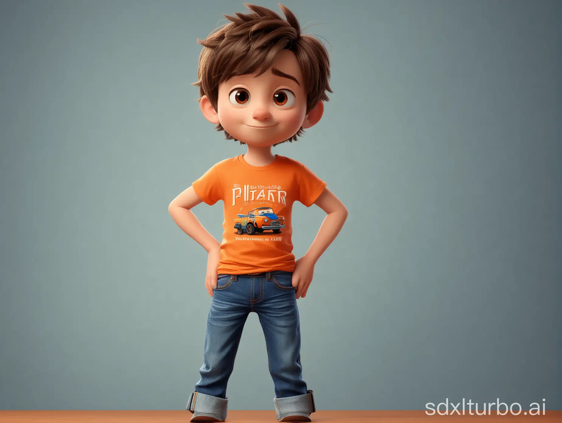 a boy, 8 years, blue jean, orange t-shirt, pixar disney style
