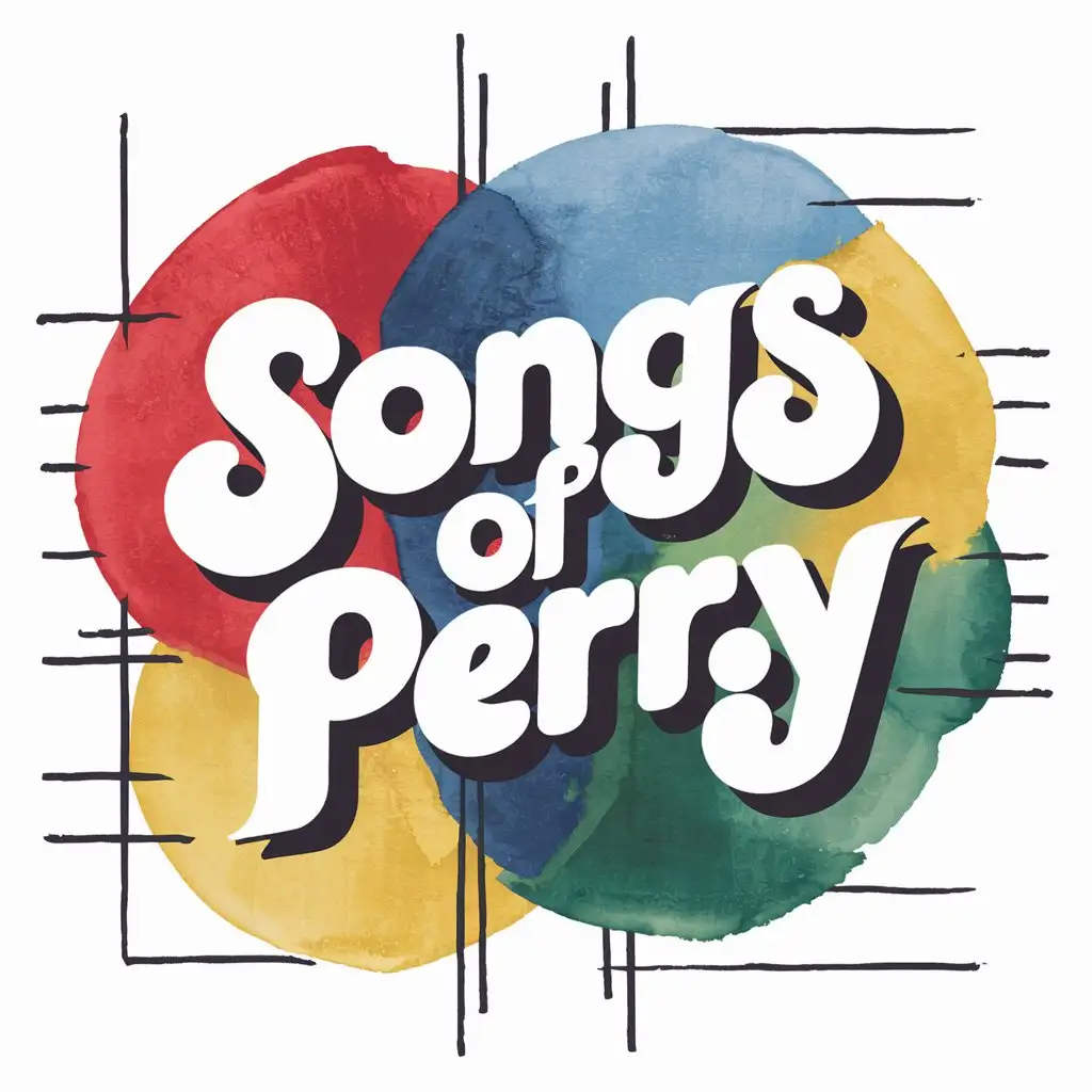 A red, blue, yellow and green clean, artistic, colorful, expressive, bubbly, fun, retro, minimalist, watercolor logo of the Words "Songs Of Perry".