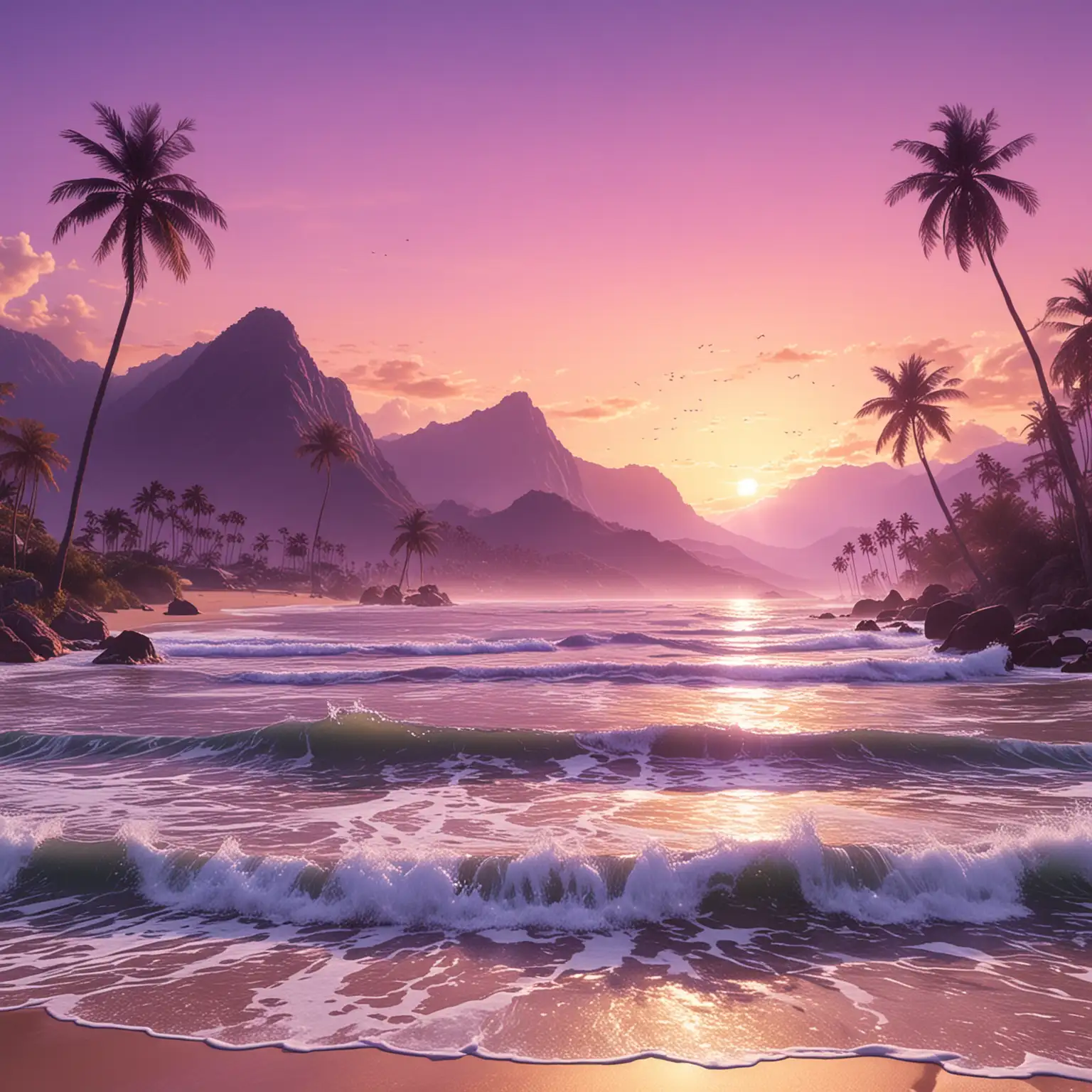 sunset with light and light purple sky, behind mountains with palm trees and ocean waves, soft fun look, seamless
