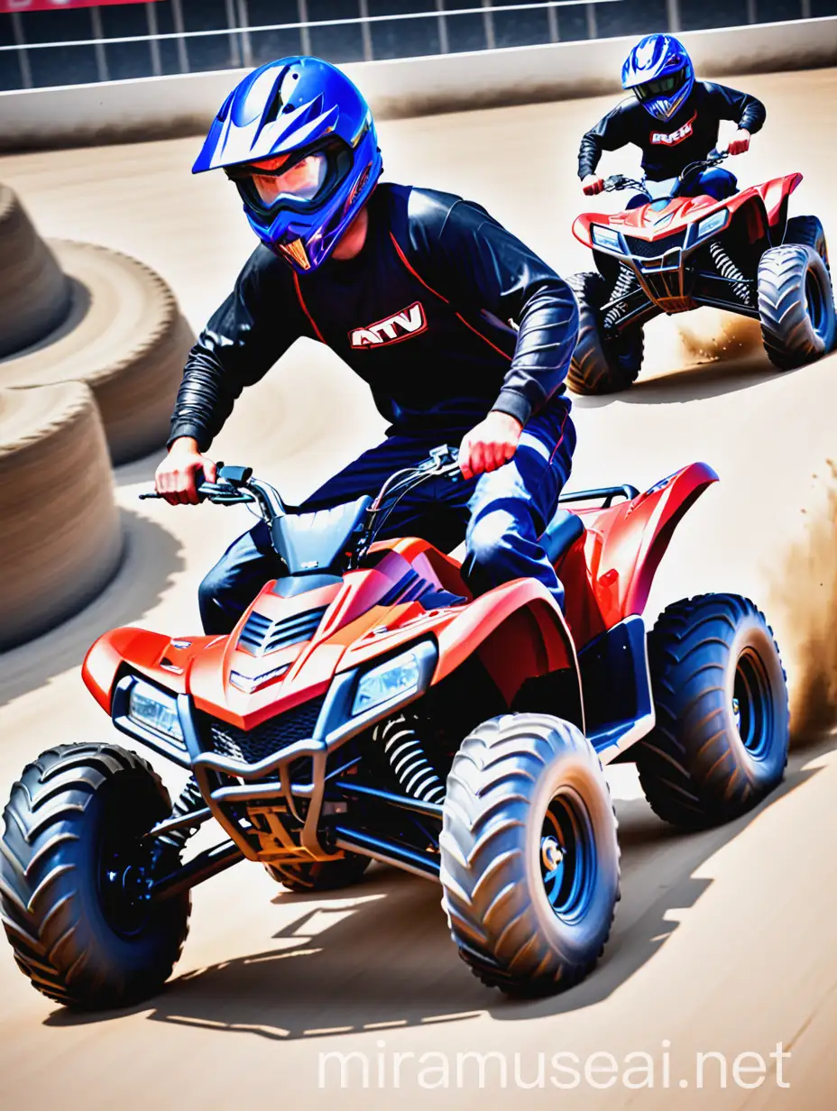 I need 2 or 3 ATV quad bikes that are racing against each other on racing ramps.