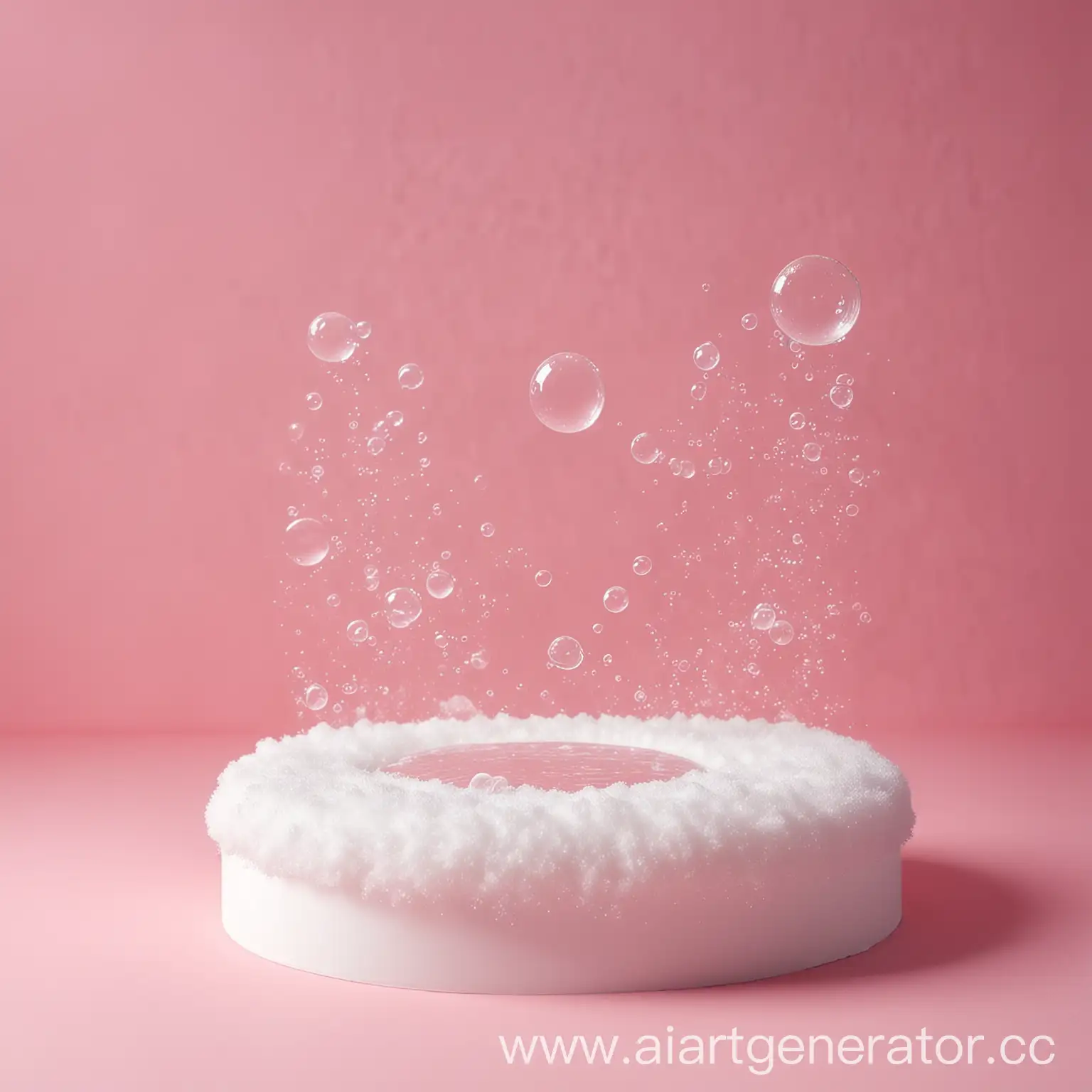 Foamy-Podium-on-Delicate-Pink-Background-with-Soap-Bubbles