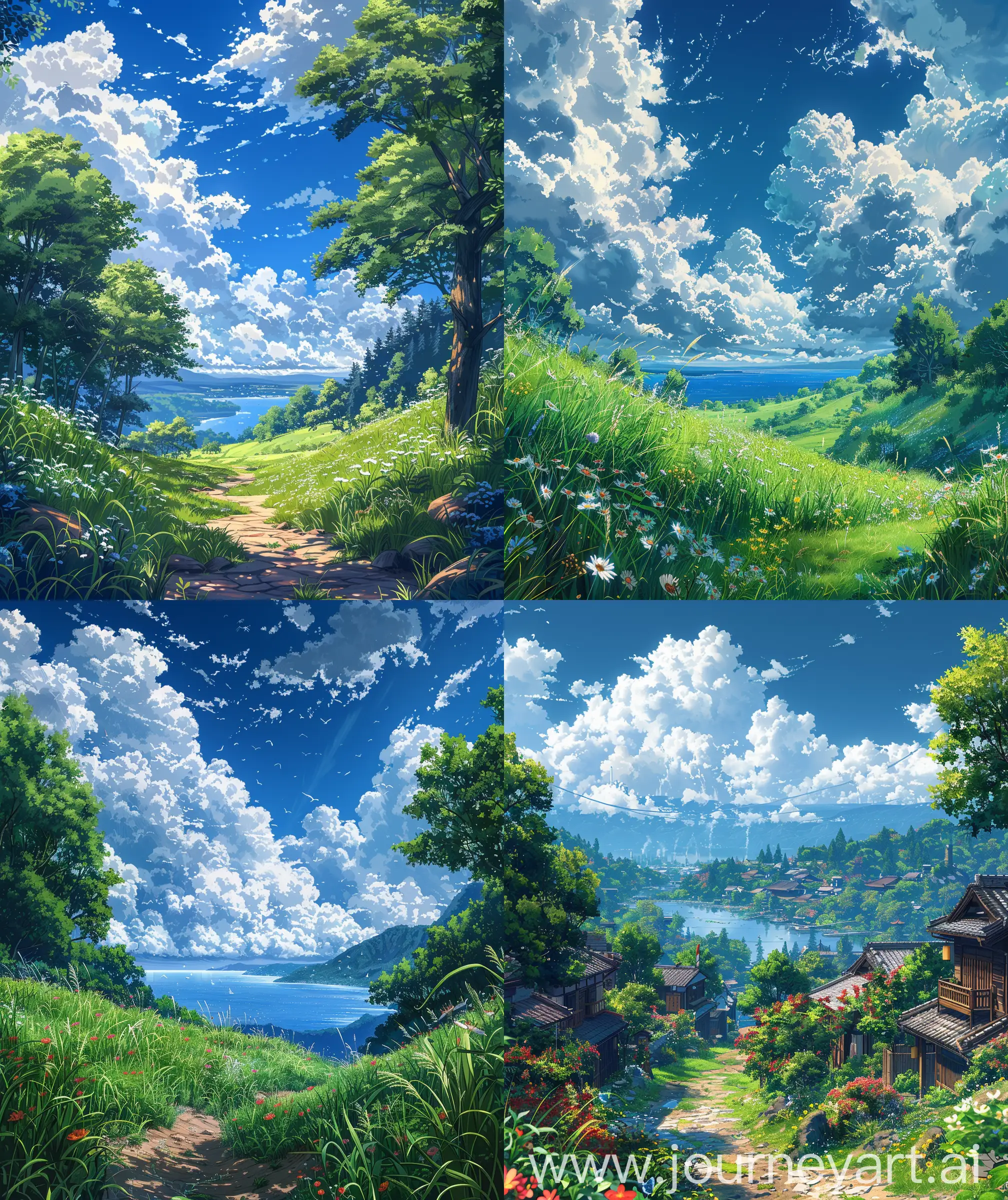 Beautiful anime scenary, mokoto shinkai style,
a beautiful summer time, "verious nature
scenaries ", anime style different places with
quite and calm view, beautiful sky, Day time, illustration ultra HD, high quality, sharp details, no blurry, no hyperrealistic --ar 27:32 --s 600