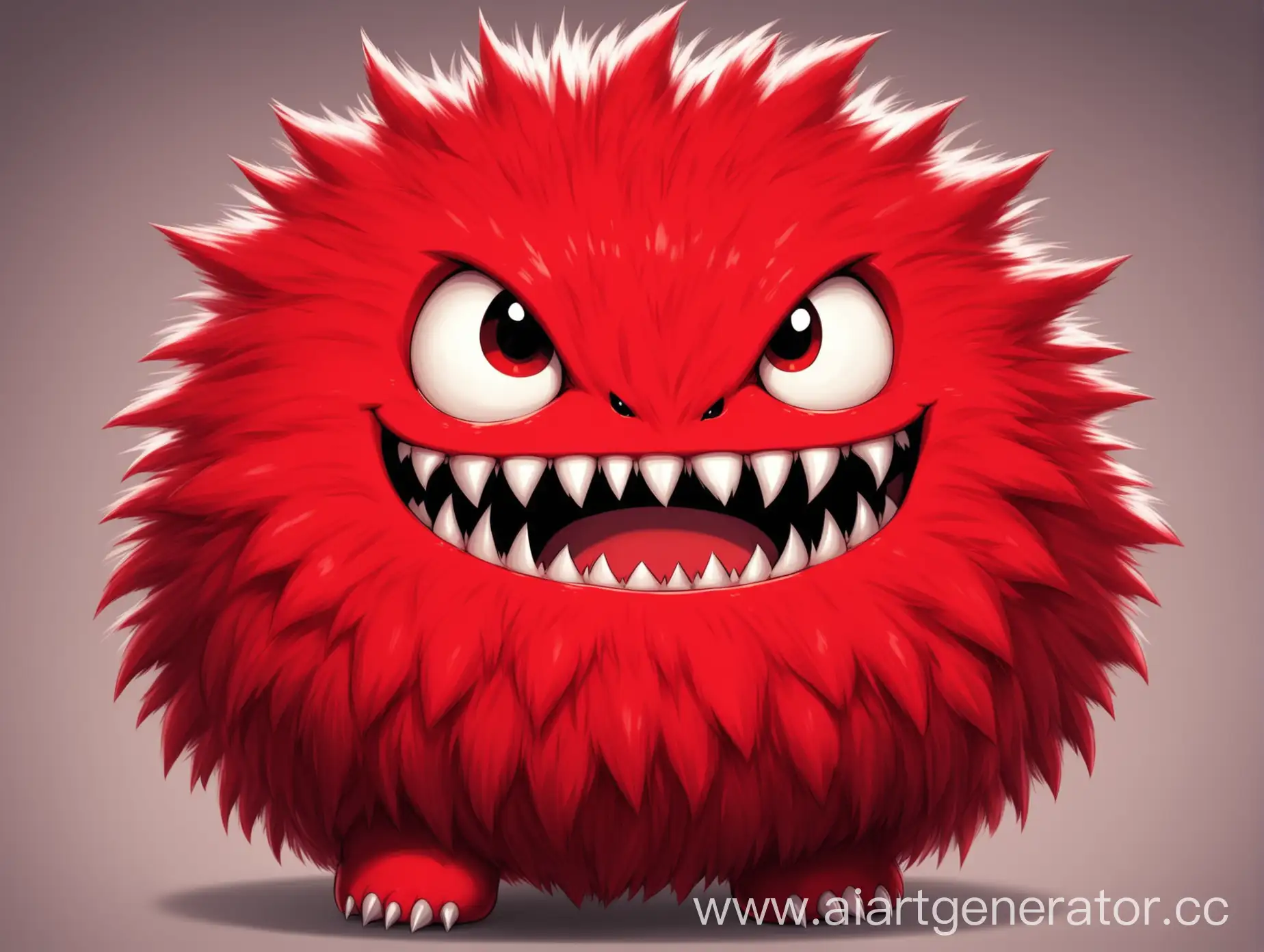 Маленький круглый пушистый монстр, красный, улыбается, острые зубы, агрессивный, милый