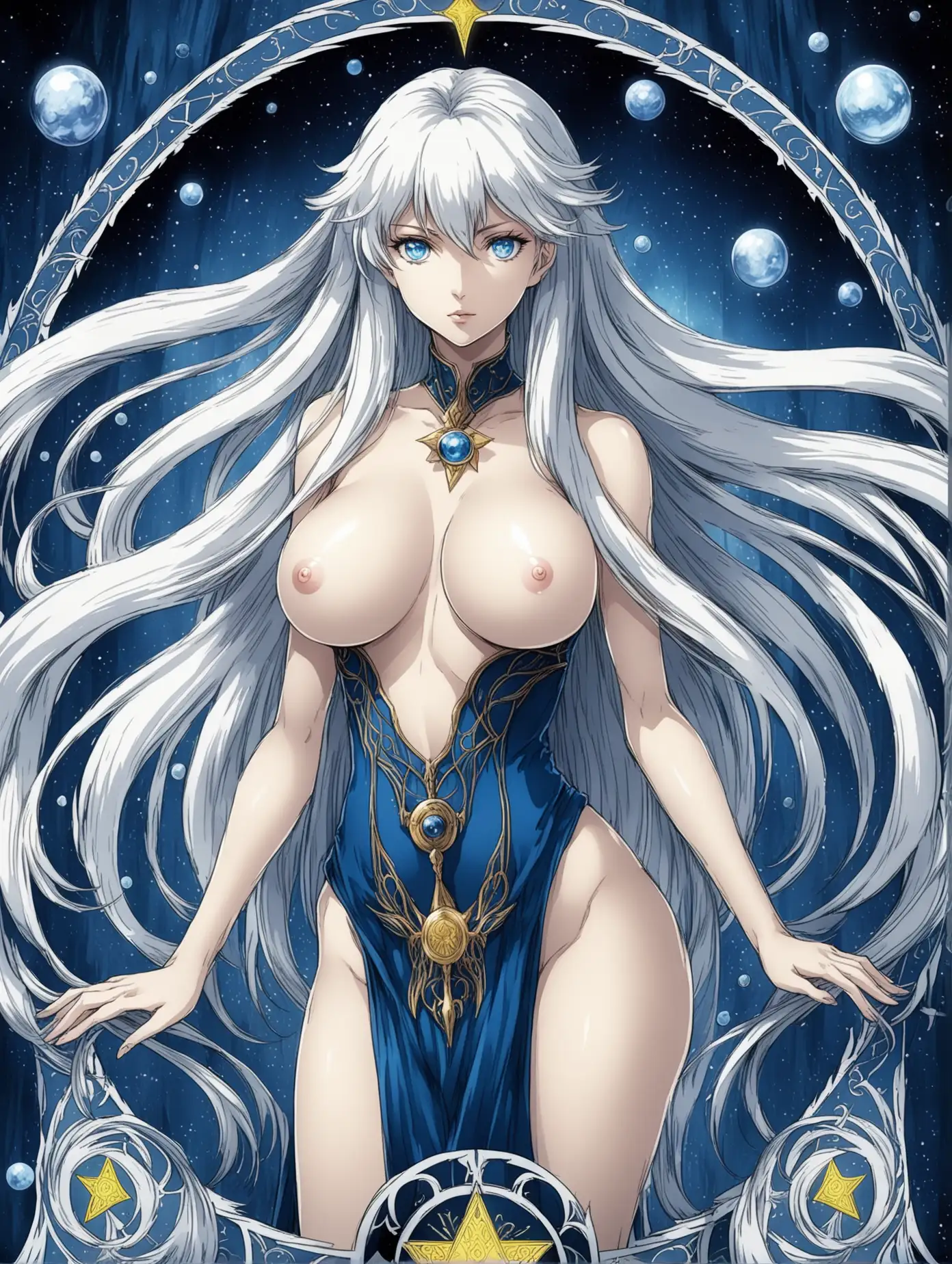 tarot card Anime illustration, white haired woman, blue eyes, perfect boobs, perfect body, long hair, dark fantasy theme