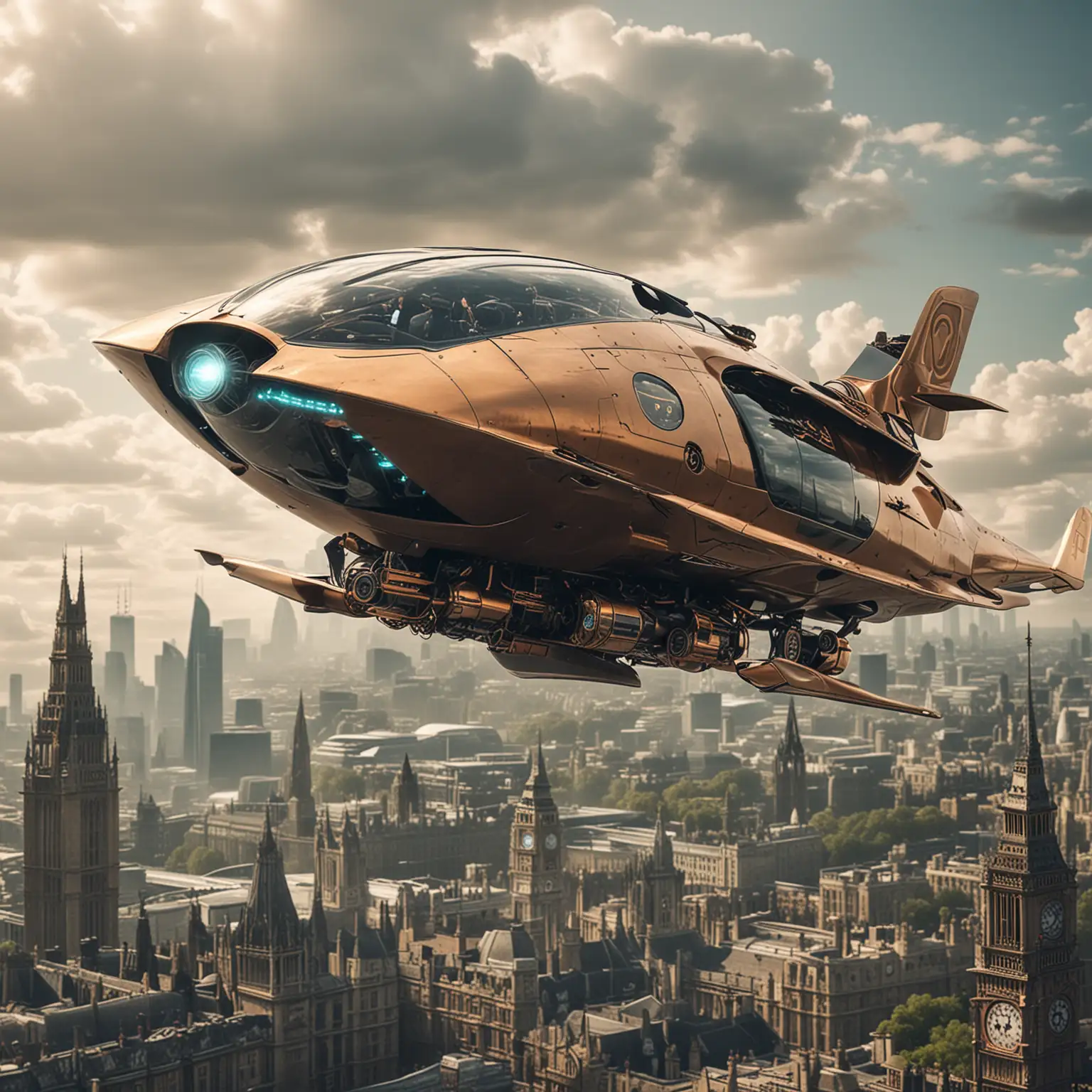 A sleek, futuristic steampunk air car flying over futuristic London